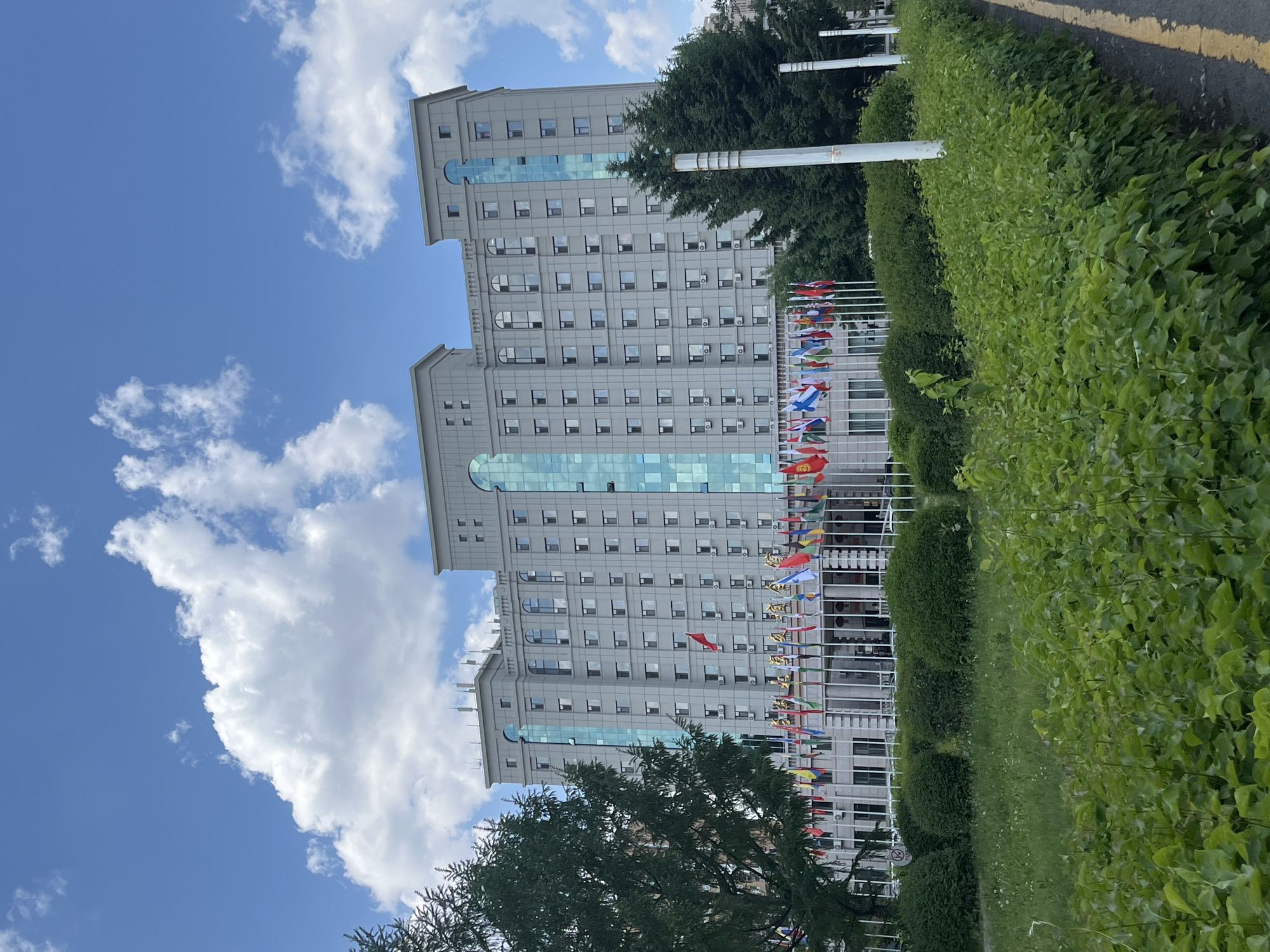 The image shows a large, gray building in Changchun City, China, under a sky with scattered clouds. The building has a symmetrical design with a central section and two slightly protruding wings. Each wing has a vertical glass facade running through the center. The building has a multitude of windows and appears to be multi-story. A row of flagpoles with various international flags stands in front of the building. A neatly trimmed hedge runs parallel to the flags, providing a green barrier. A tree with dense foliage is situated on the left side of the frame. A narrow asphalt path with a yellow line marking is visible on the right side of the frame. The overall environment suggests a governmental or international institution.