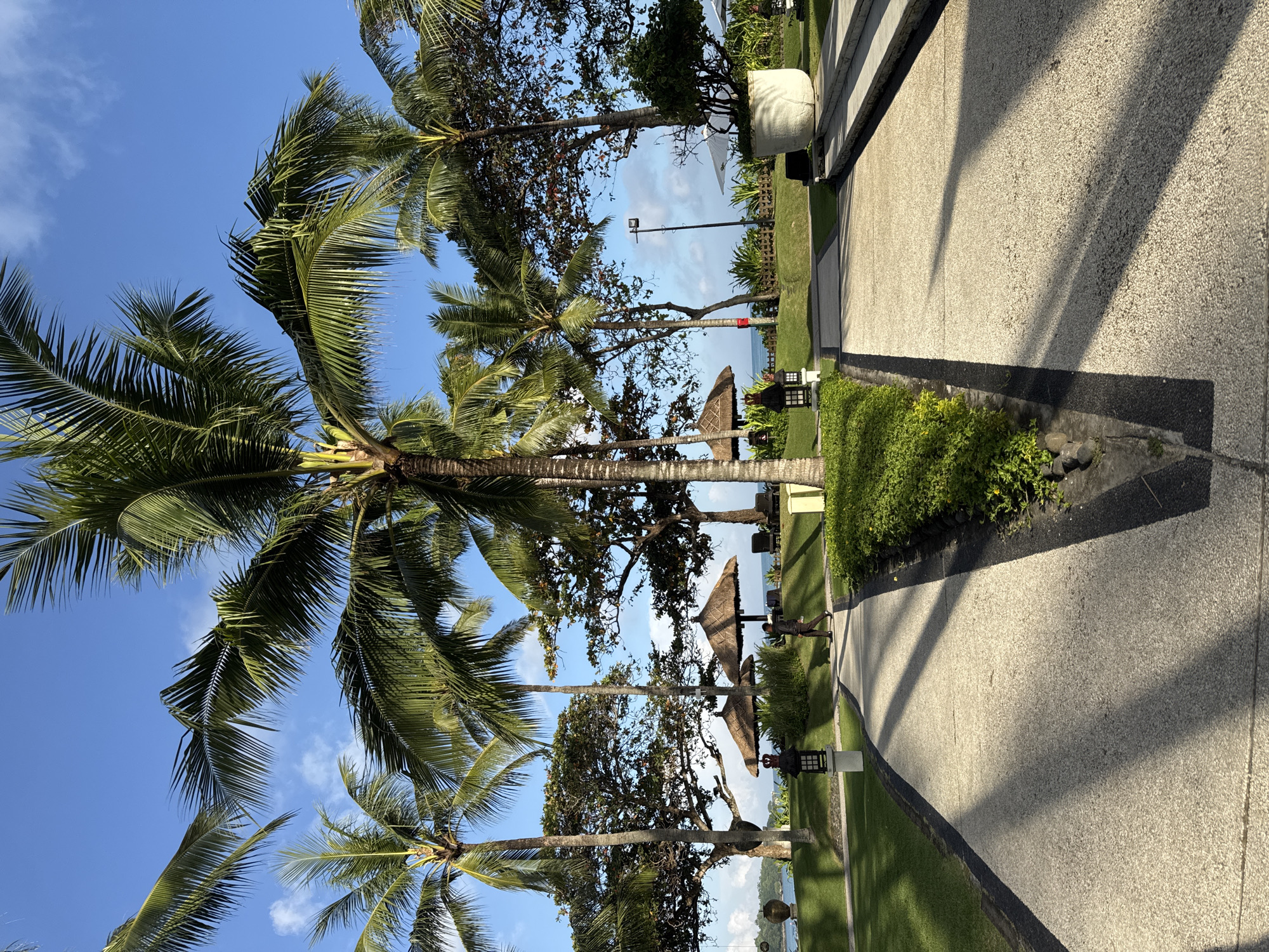 The image depicts an outdoor scene in Jimbaran, Indonesia. The foreground features a paved walkway with a dark border, lined with green shrubs and palm trees casting shadows across the path. In the midground, there are thatched-roof structures resembling beach umbrellas or small huts. The background reveals a glimpse of the ocean and a blue sky with scattered clouds. No individuals are clearly visible in the scene. The environment suggests a tropical or coastal resort area.