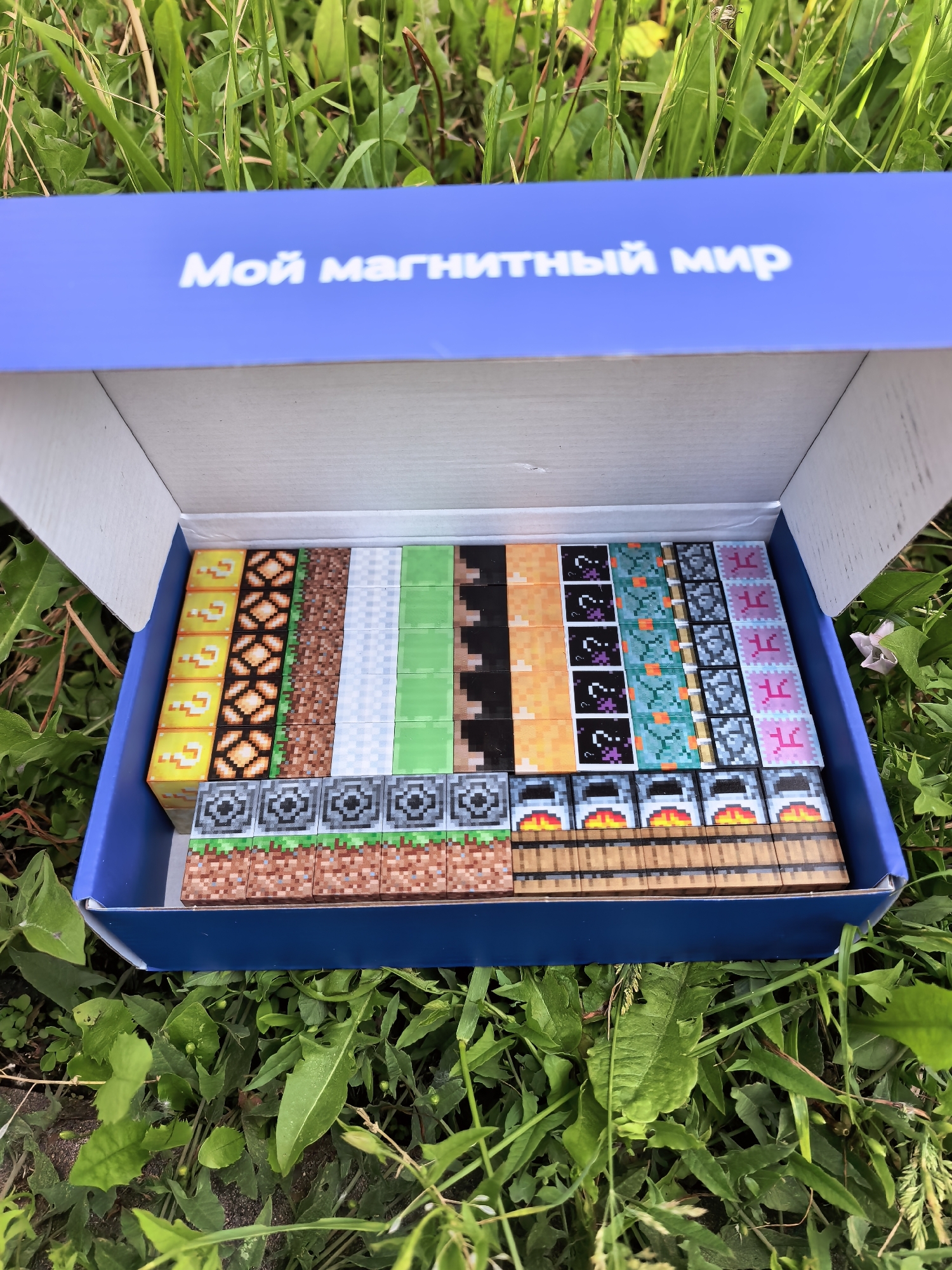 A royal blue cardboard box, open, rests on green grass in Sterlitamak, Russia. The box lid displays the white Cyrillic text "Мой магнитный мир" (My magnetic world). Inside the white-lined box, multiple rows of rectangular magnetic tiles are arranged. These tiles feature pixelated designs, including gold blocks, orange glowing blocks, brown textured earth, white and light blue patterned blocks, light green blocks, dark gray blocks with brown details, orange plain blocks, dark purple blocks with question marks, teal blocks with orange details, grey patterned stone, pink blocks with a stylized symbol, green grass with brown dirt sides, grey furnaces with glowing orange and red interiors, and brown wooden planks. The surrounding environment consists of vibrant green grass, assorted broadleaf weeds, and small white flowers, all illuminated by natural daylight.