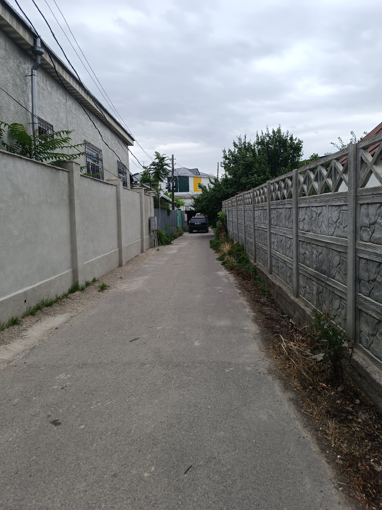 The image depicts a narrow asphalt alleyway in Taraz city administration, Kazakhstan, on an overcast day. A grey stucco wall runs along the left side of the alley, punctuated by barred windows and a downspout. A decorative concrete fence with a diamond pattern adorns the right side. In the distance, a dark-colored car is parked on the right side of the alley. The alley is lined with overgrown vegetation and dry grass on both sides. Further down the alley, glimpses of buildings with colorful facades can be seen. The sky is a dull grey, suggesting cloudy weather.