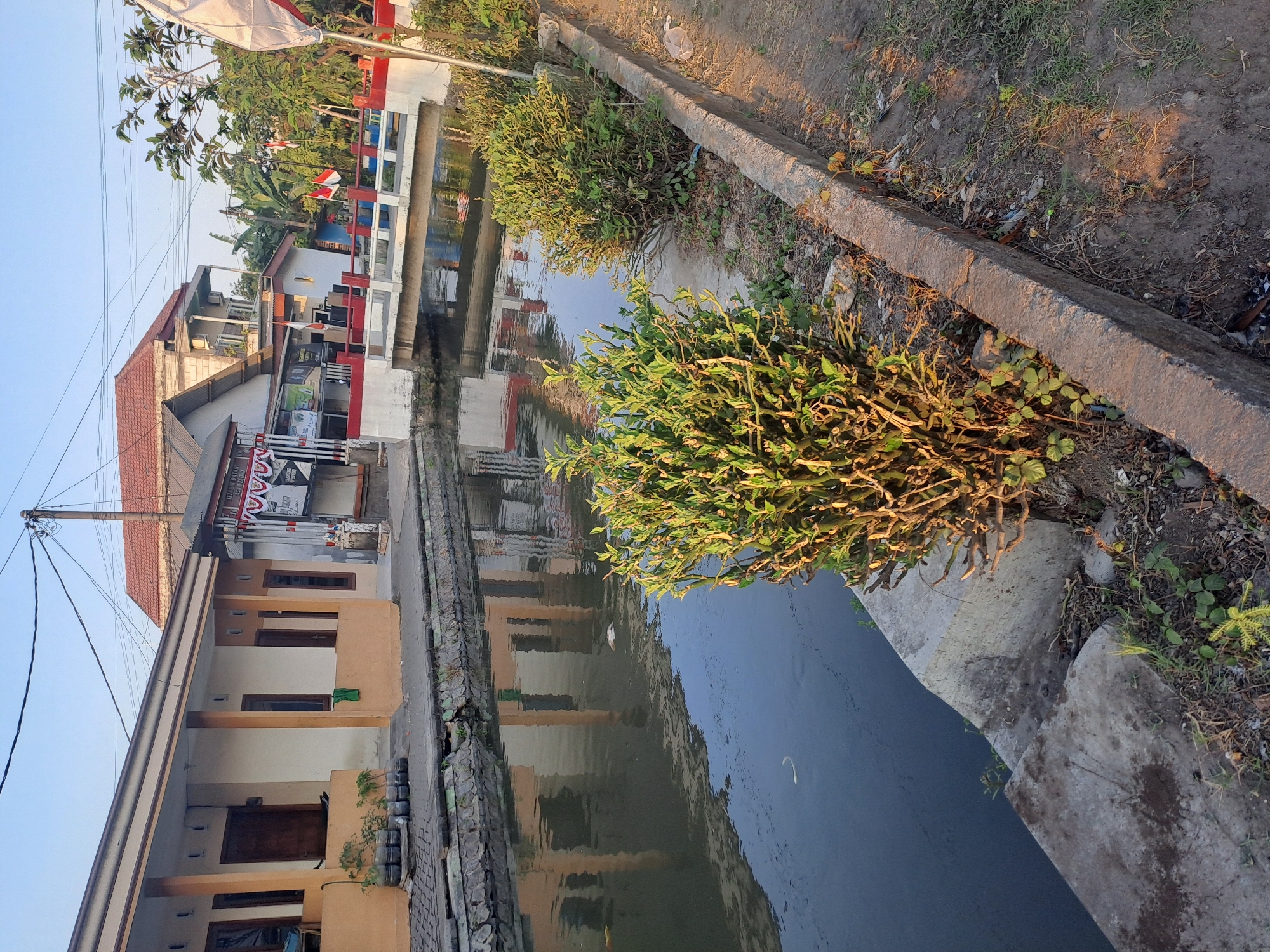 This image depicts a canal running through a residential area in Pademonegoro, Indonesia. The canal is bordered by a stone embankment and a concrete walkway. On the left side of the canal, a row of single-story houses with beige and orange facades is visible. These houses have wooden doors and windows. In front of the houses, potted plants are arranged on the walkway. Across the canal, a small white bridge with red railings spans the water. Beyond the bridge, a two-story building with a red-tiled roof and several smaller structures are present. Indonesian flags are displayed on poles near the buildings and on the bridge. Lush green vegetation, including bushes and trees, lines the canal on the right side. The water in the canal appears dark and reflects the surrounding buildings and sky. The scene is illuminated by natural sunlight, casting shadows and highlighting the textures of the environment.