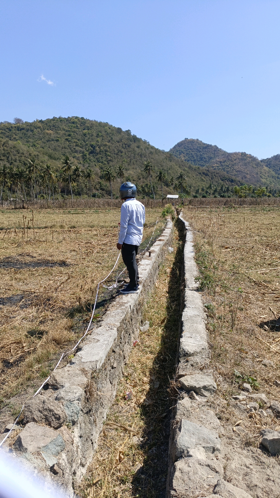 In Desa Lamunga, Indonesia, a person wearing a blue helmet, white long-sleeved shirt, and dark pants stands on the edge of a concrete irrigation ditch. The ditch is bordered by rough stone walls and surrounded by a dry, brown field with scattered debris. In the background, a line of palm trees separates the field from rolling, tree-covered hills under a clear blue sky. The scene suggests a rural, agricultural setting.