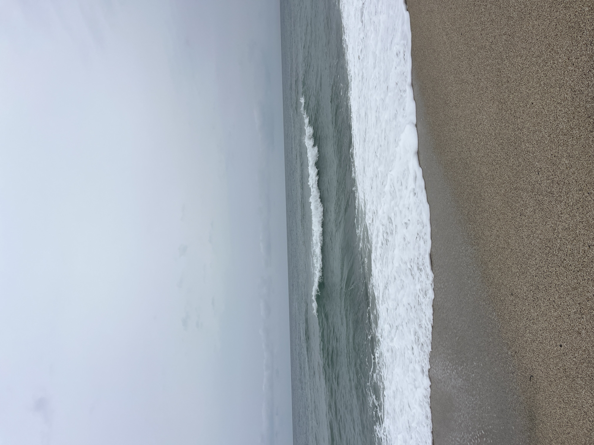 The image depicts a tranquil coastal scene in Alanya, Turkey, under an overcast sky. The horizon line separates a vast expanse of dark grey-green ocean from a lighter grey sky, characterized by diffused, faint cloud formations. A prominent wave with a white, foamy crest is observed breaking in the mid-ground, extending horizontally across the frame. Closer to the foreground, a broader line of white, effervescent foam marks the current surf line, receding onto a wet, light brown, granular sand beach. The sand exhibits fine particulate composition. No people, animals, or man-made objects are present. The only discernible action is the natural movement of ocean waves.