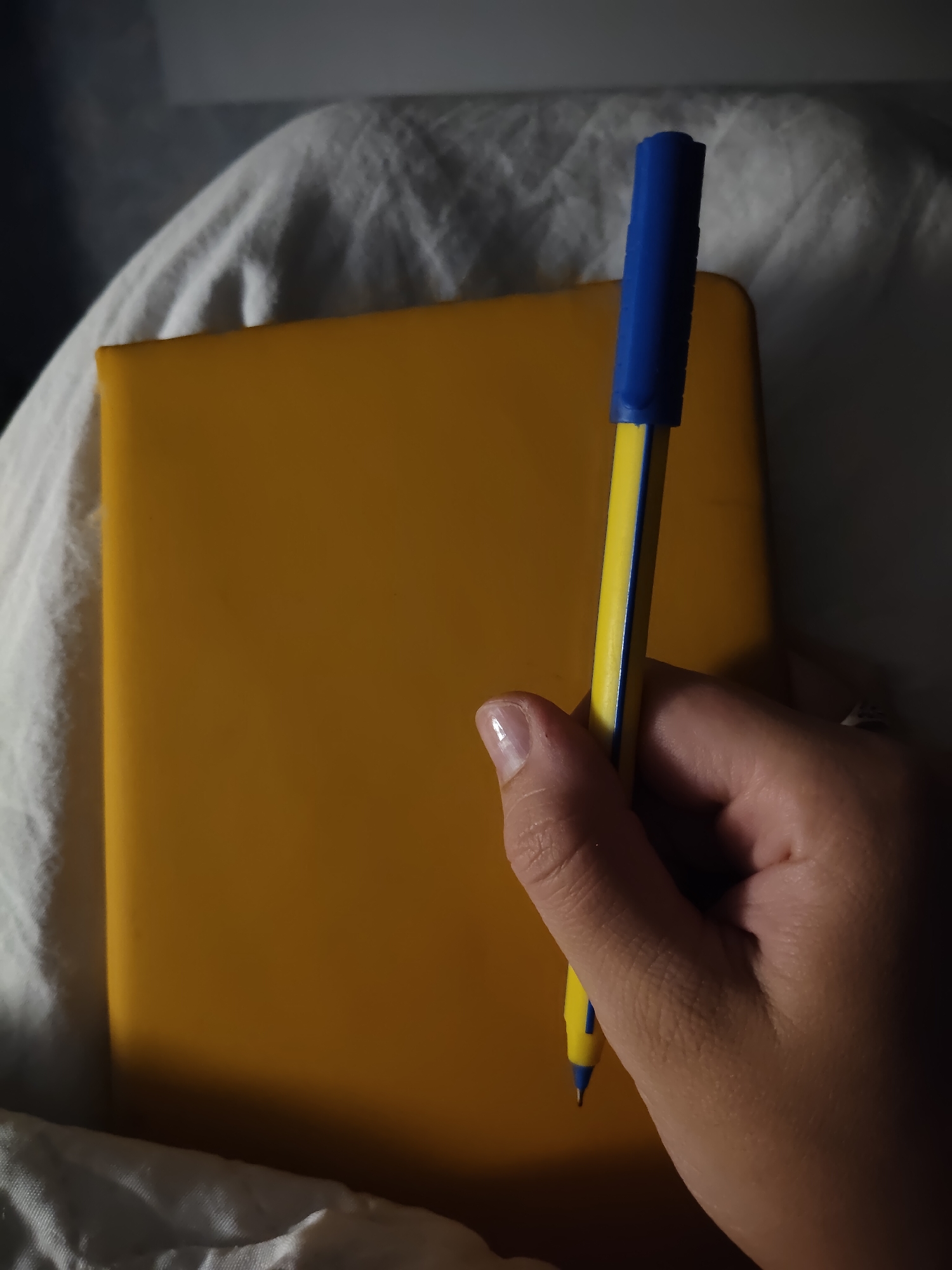 A close-up, overhead shot shows a yellow notebook resting on a white textured surface, possibly a blanket. A hand, held by a person whose face is not visible, is holding a blue and yellow pen over the notebook. The pen is positioned at an angle, with its tip pointing towards the notebook. The lighting in the image is dim, creating shadows and highlighting the texture of the surfaces. The scene appears to be indoors, in a low-light environment. There is no information in the image that would indicate its location in the city of Totma, Russia.