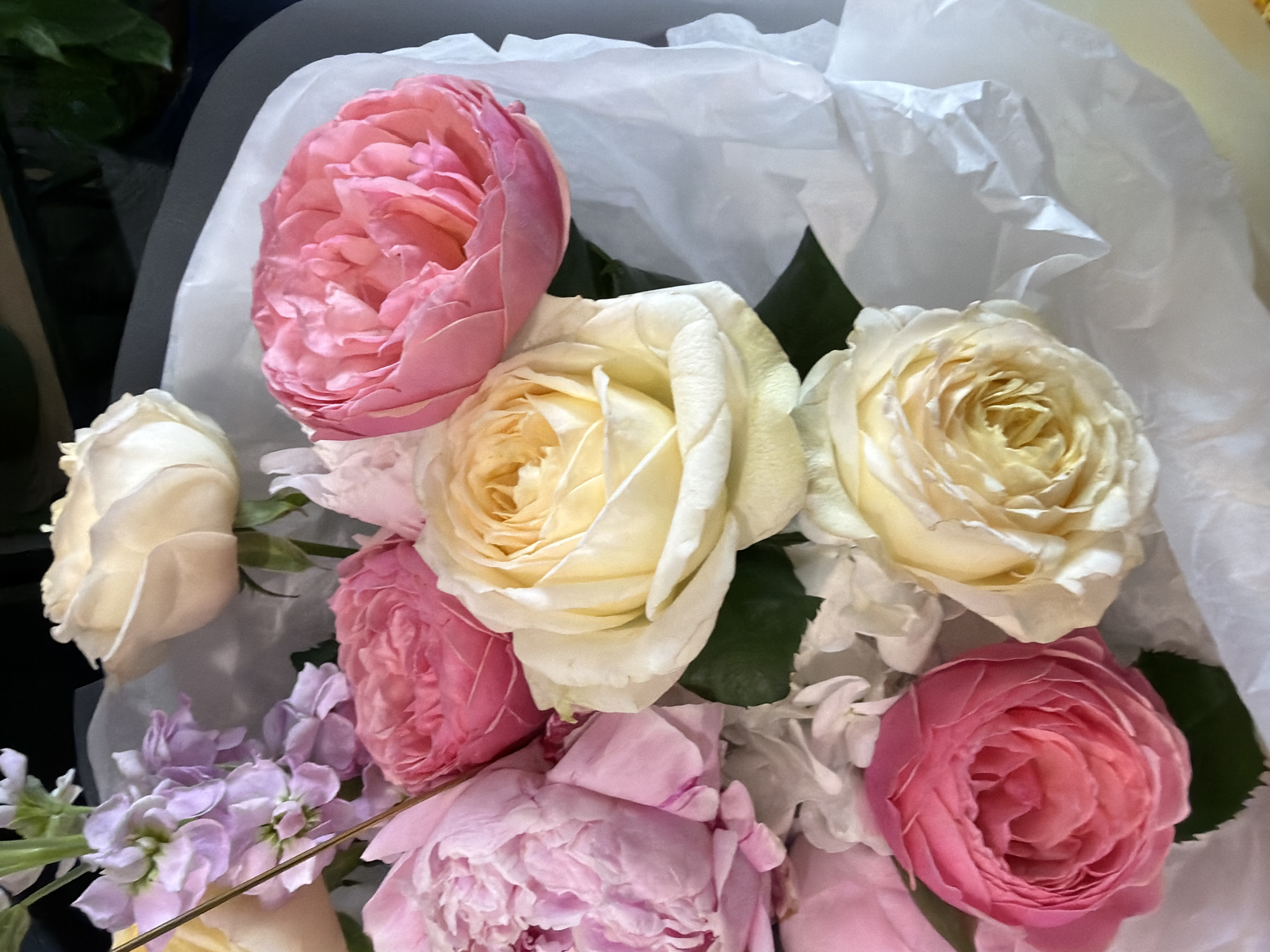 The image displays a close-up view of a bouquet of flowers, primarily roses and peonies, artfully arranged and wrapped in white tissue paper. The dominant colors are soft pinks, creamy yellows, and pale purples. Several roses are visible, with layered petals in varying shades of pink and cream. One large, fully bloomed pink rose is prominent in the upper right, while others are nestled within the bouquet. Two creamy yellow roses are also featured, one in the center and another towards the bottom. Pink peonies, characterized by their voluminous and ruffled petals, are visible on the left side. Delicate light purple flowers, possibly stock or lavender, add a touch of contrasting color and texture to the upper left portion of the arrangement. Green leaves are interspersed throughout, providing a grounding element. The white tissue paper surrounding the bouquet has a slightly crinkled texture, adding to the visual appeal. The lighting appears to be soft and natural, highlighting the textures and colors of the flowers. No people or specific city locations are discernible in the image.