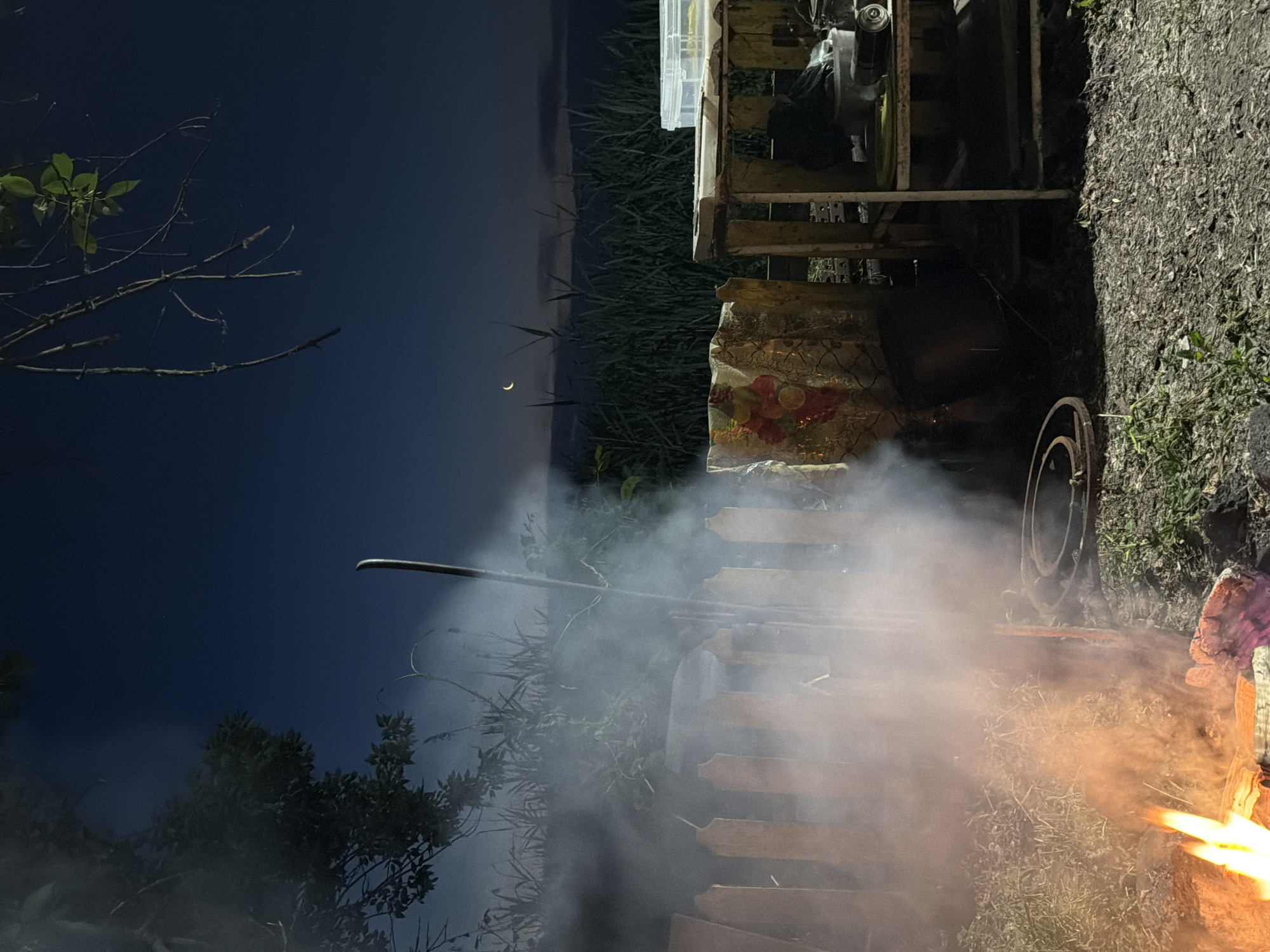 In the city of Unknown, Unknown, a nocturnal outdoor scene unfolds with a crackling campfire in the foreground, emitting a significant plume of smoke. The fire illuminates wooden logs and the surrounding grassy, uneven ground, which is littered with debris. Behind the fire, a rustic wooden fence, partially obscured by the smoke, encloses the area. To the right of the fence, a makeshift wooden structure, resembling a shelf unit, holds various objects including a clear plastic container, what appears to be a tool, and other indistinct items. In the background, tall grasses or reeds stretch across the landscape, under a dark night sky where a thin crescent moon is visible. Tree branches and foliage hang from the top left, adding to the natural, untamed atmosphere. The overall impression is one of a secluded, possibly rural, outdoor gathering or campsite at night.