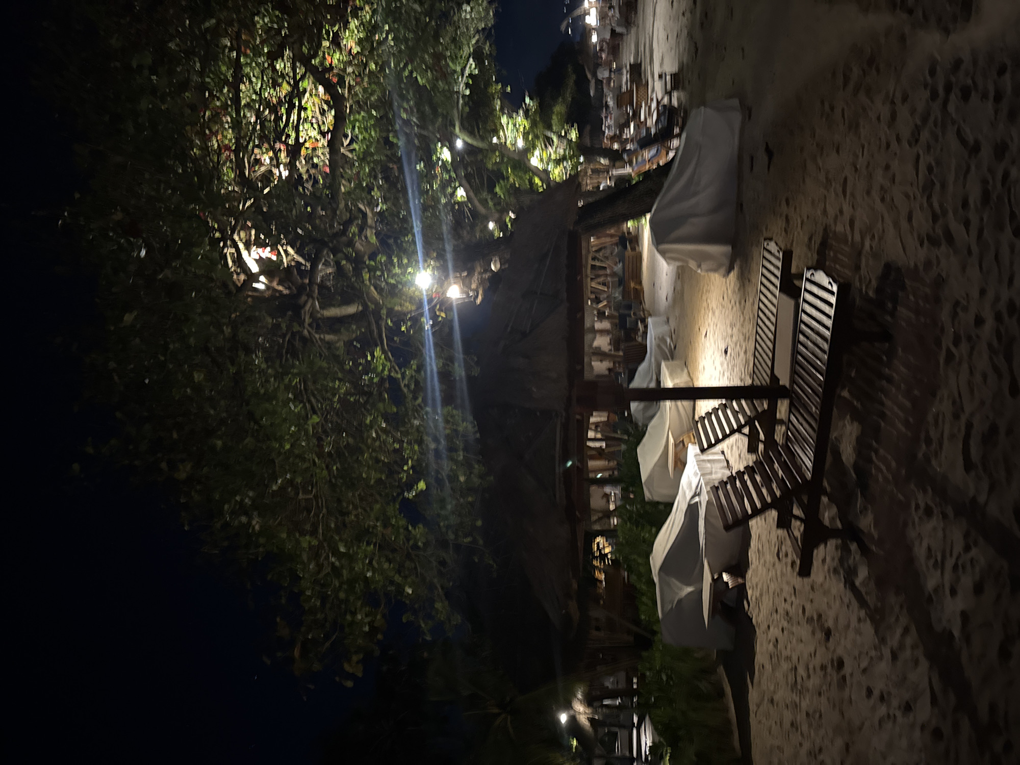 The image captures a tranquil beachside scene at night, likely in Kuta Selatan, Indonesia, viewed from a slightly elevated perspective. The ground in the foreground and extending to the right is light-colored sand, marked with footprints and ripples. Two dark wooden lounge chairs with slatted designs are visible on the sandy area. Further back on the right, several objects, presumably tables and chairs, are neatly covered with white protective tarpaulins or cloths.
The left side of the frame is dominated by a large, lush tree with a substantial trunk and dense foliage. This tree is vibrantly illuminated by several artificial lights, casting a bright, warm glow on its green leaves and intricate branch network. One prominent light source within the tree creates a noticeable lens flare. String lights are also visible draped among the tree branches and across the structures.
In the midground, beneath and around the tree, are several structures featuring thatched roofs, characteristic of tropical architecture. These appear to be part of a resort or restaurant area, with additional tables and chairs visible, some also covered. The general impression is one of a prepared or closed area for the night.
The time of day is clearly nighttime, with the sky in the upper left portion of the image appearing very dark. Artificial lighting provides the primary illumination, creating a peaceful and inviting ambiance. There are no people visible, and no specific activity is taking place. No visible text is present in the image.