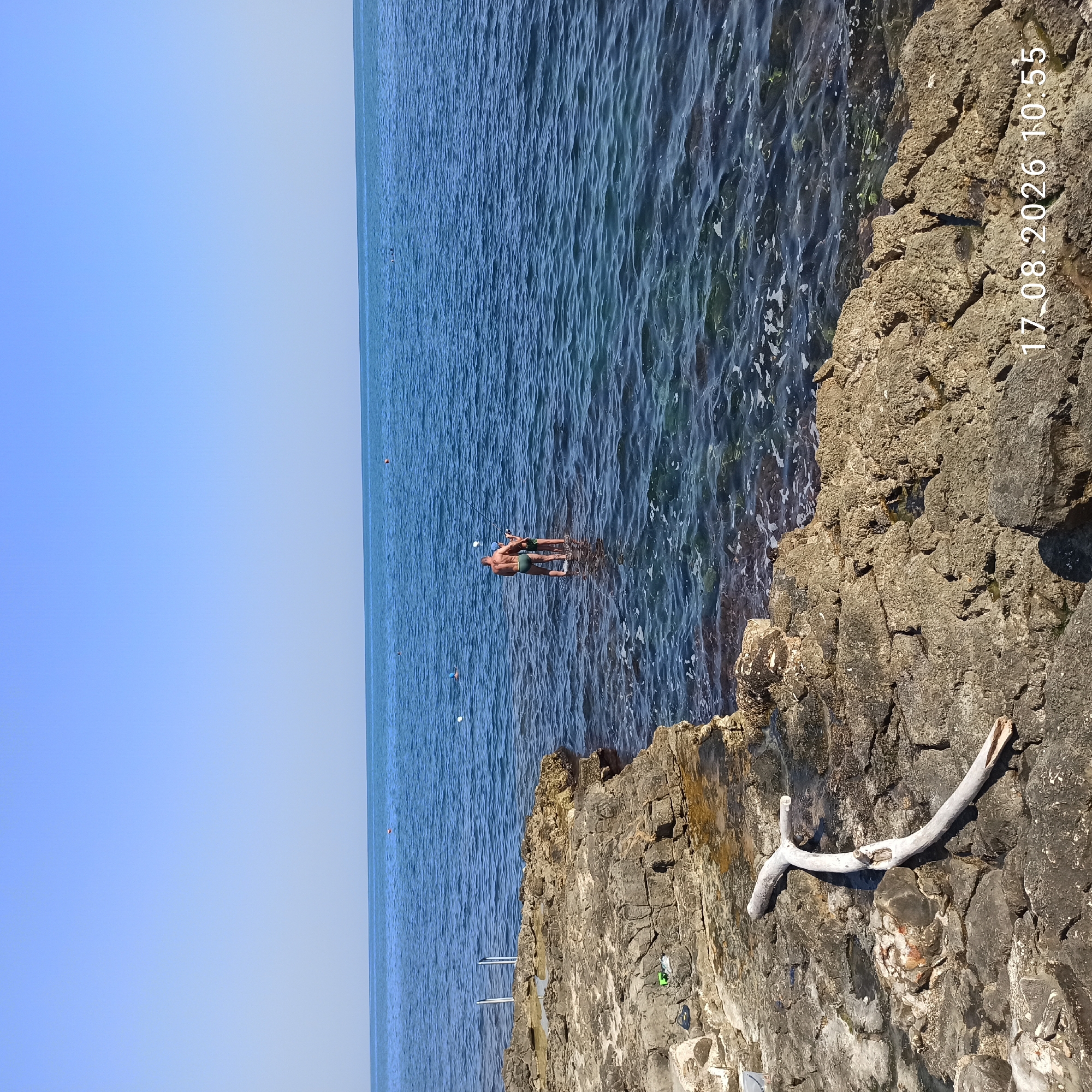 The image captures a sunlit coastal scene. In the foreground, a rocky shore is visible, characterized by rough, textured surfaces and small pools of water. A piece of weathered driftwood lies on the rocks. Beyond the shore, the deep blue sea stretches to the horizon under a clear, pale blue sky. Two individuals are standing in the shallow water, one appearing to be an adult male, possibly fishing with a rod, and another person, partially obscured, standing beside him. The water is clear, allowing a view of the seabed in some areas. Several buoys are scattered in the water, suggesting a designated swimming or boating area. A set of metal steps emerges from the water onto the rocky shore to the left. The timestamp "17.08.2026 10:55" is overlaid on the bottom right of the image, indicating the date and time the photograph was taken. The location is identified as the city of Molfetta, Italy.