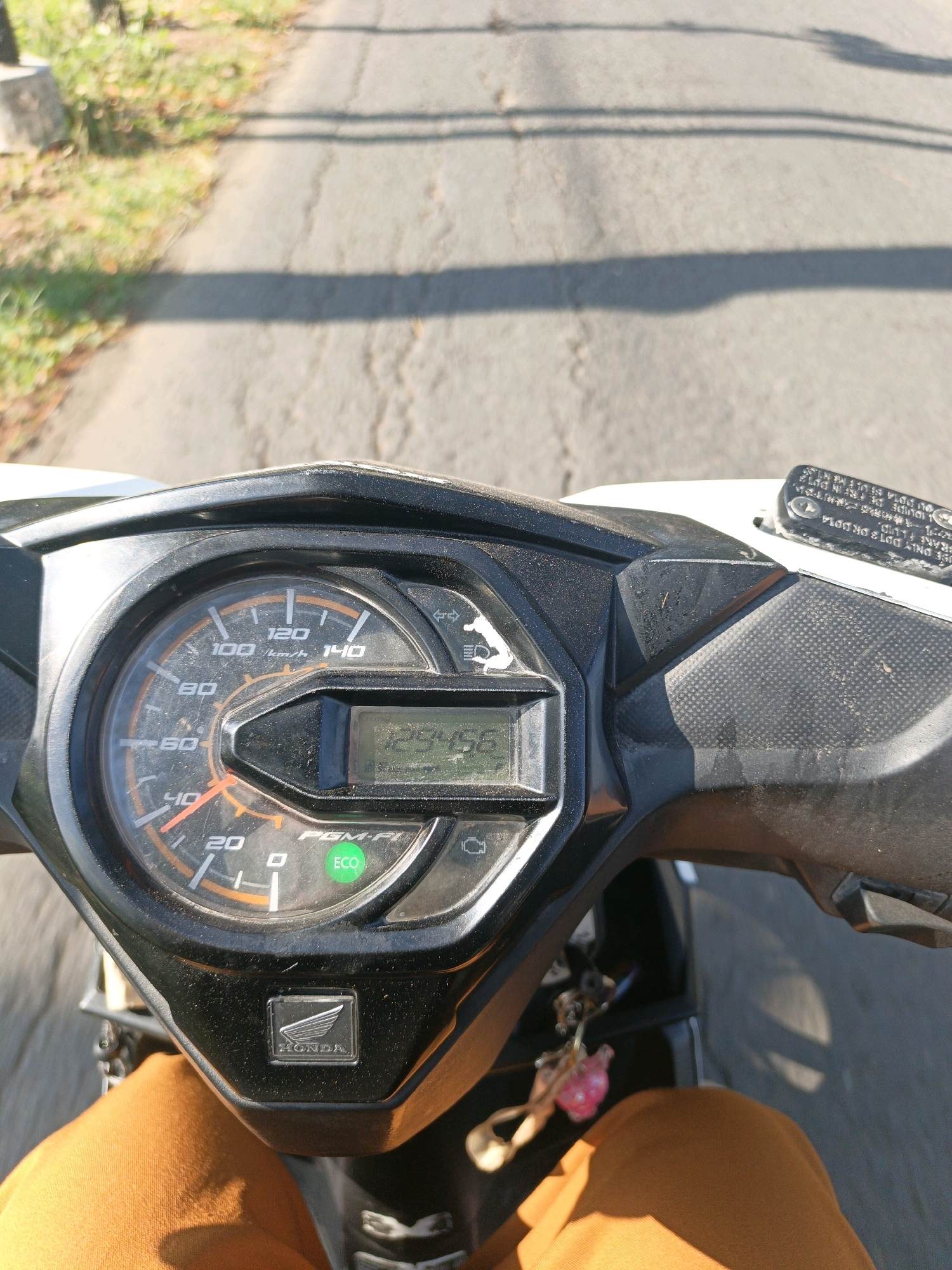The image is a close-up, first-person perspective of a motorcycle's dashboard and handlebars, as seen from the rider's viewpoint. The motorcycle is in motion on an asphalt road, indicated by the blurred background of the road and the presence of dappled sunlight and shadows. The dashboard features an analog speedometer with markings up to 140 km/h, with the needle pointing between 40 and 60 km/h, closer to 50 km/h. A digital display shows "29456" which likely represents mileage or a trip meter. An "ECO" indicator light is illuminated green. A Honda logo is visible on the dashboard. The rider's orange pants are visible in the foreground. A small, pink, keychain charm hangs from the handlebars. The overall environment suggests an outdoor, daytime scene in Kalipurwo, Indonesia.