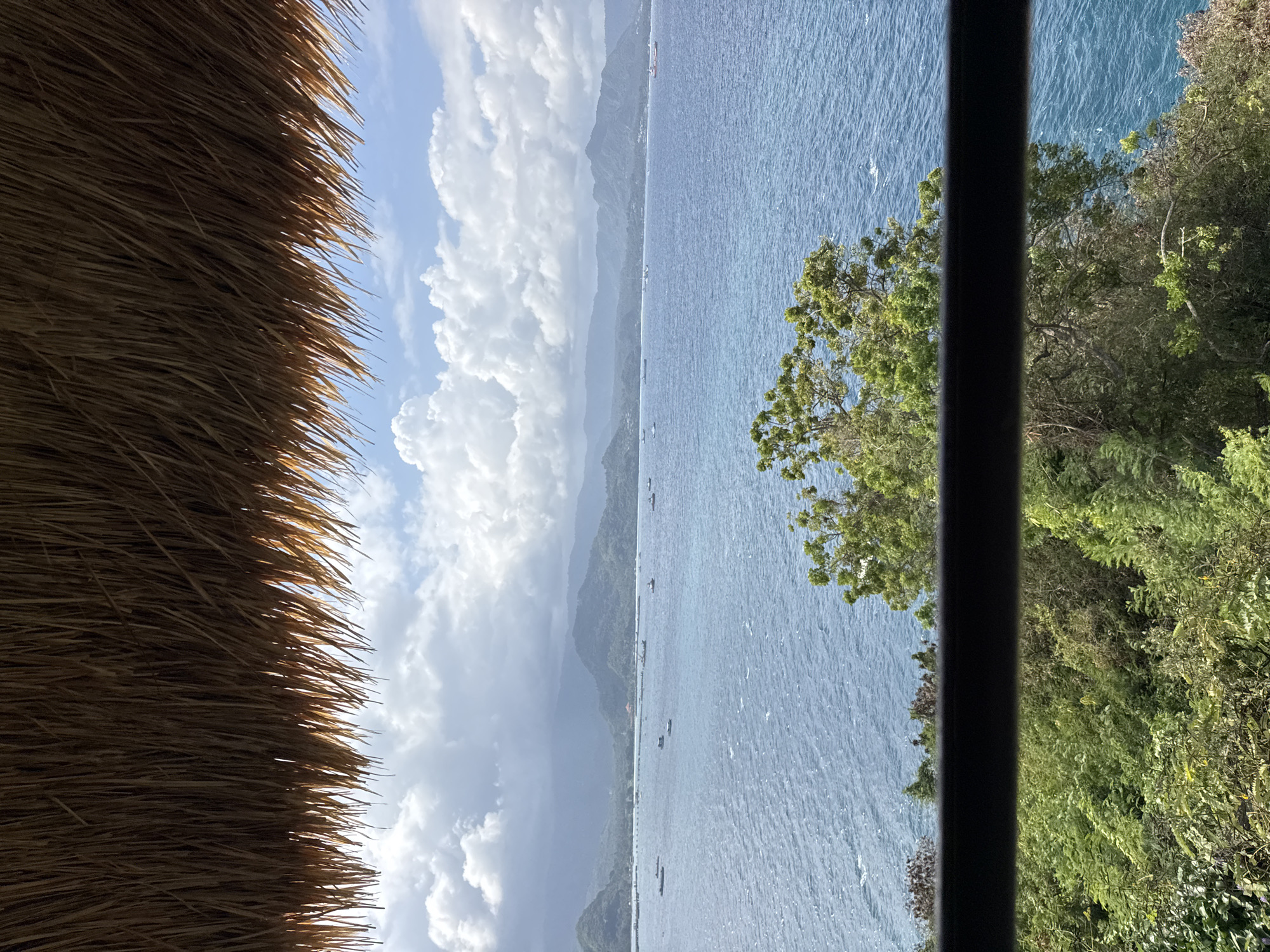 The image depicts a scenic view of the ocean with a lush green coastline and mountains in the distance, seen from beneath a thatched roof. The foreground shows the underside of the thatched roof, with strands of dry grass hanging down. A dark horizontal railing is visible in the middle of the frame, partially obscuring the view of the vegetation and the sea. Below the railing, dense green foliage covers the land, with some trees reaching towards the water. The ocean is a vibrant blue, with small waves and several boats scattered across its surface. In the background, a range of green mountains forms the coastline, with a hazy sky above featuring scattered white clouds. This scene is located in Manggis, Indonesia.