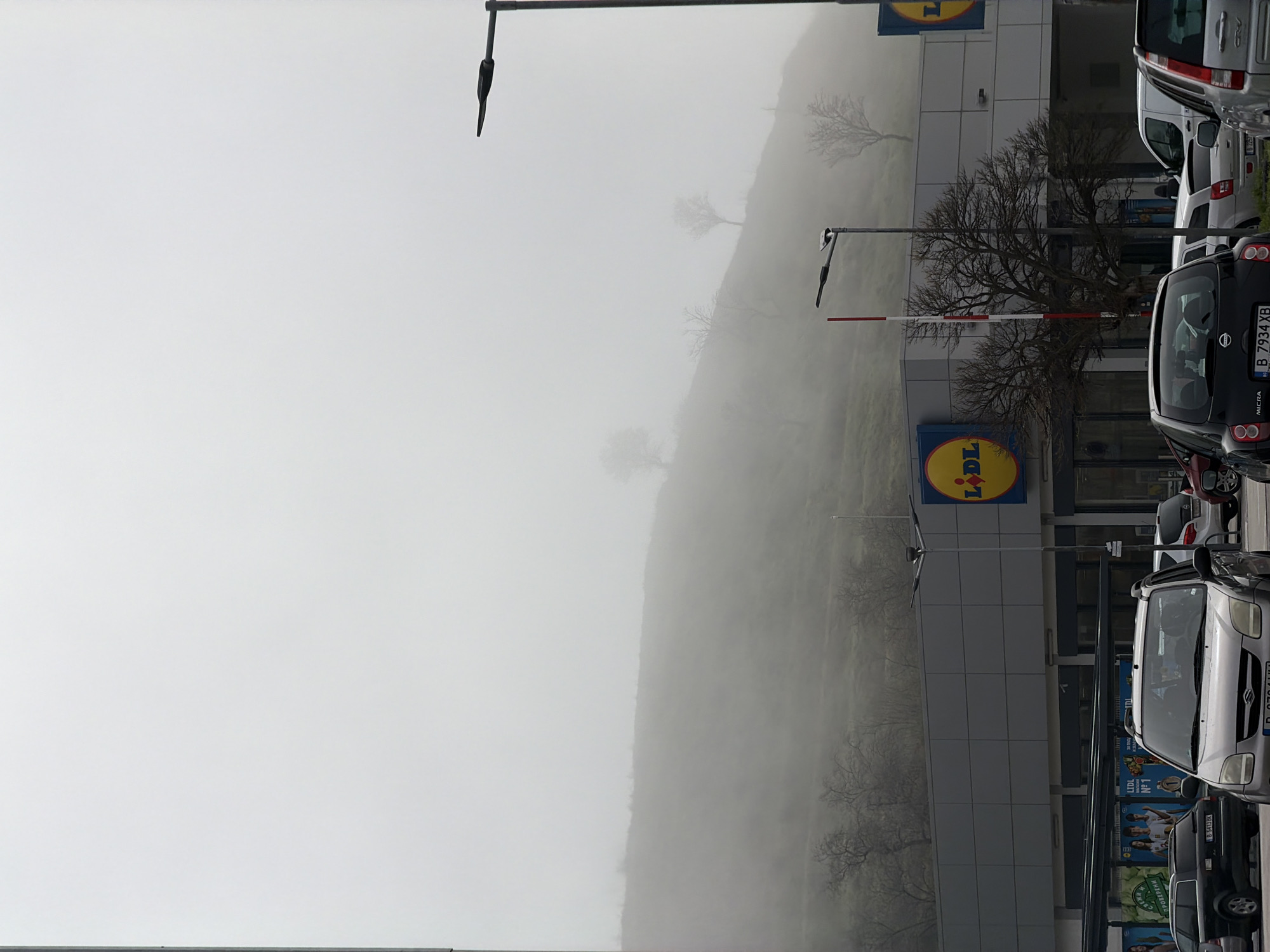 The image shows a foggy scene in Varna, Bulgaria, in front of a LIDL store. A hill is partially obscured by fog behind the store. Several parked cars are visible in the parking lot. Streetlights line the road in front of the store. The LIDL signage is visible on the building facade.