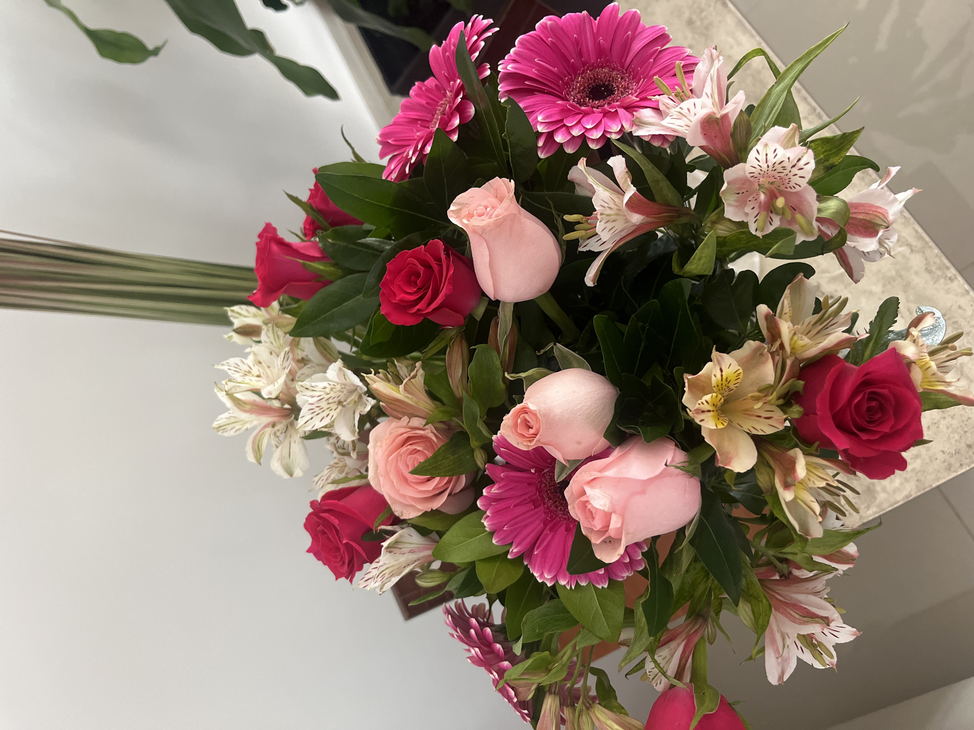 The image depicts a bouquet of assorted flowers, including pink gerbera daisies, light pink roses, and red roses, along with smaller white and pink alstroemeria flowers, arranged with green foliage. The flowers are placed on a surface, possibly a table. A wall is visible in the background. There are no people visible in the image. The location given is Barrio de Nuevo León, Mexico, though no specific information in the image confirms this location.