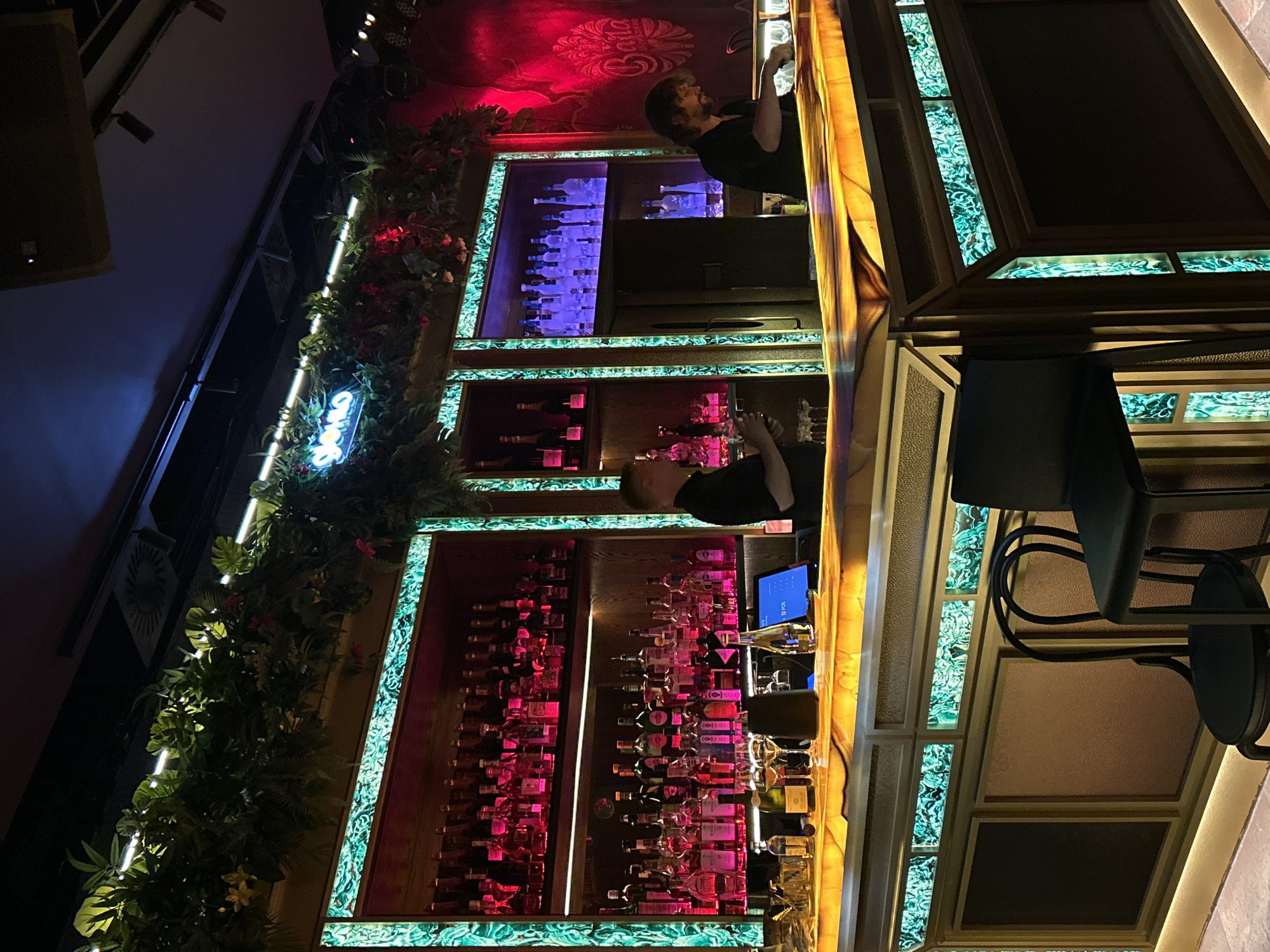 A bar interior in Warsaw, Poland, features a backdrop of shelves displaying illuminated liquor bottles. Two bartenders stand behind the counter. A stool sits nearby. The decor incorporates plants and lights.