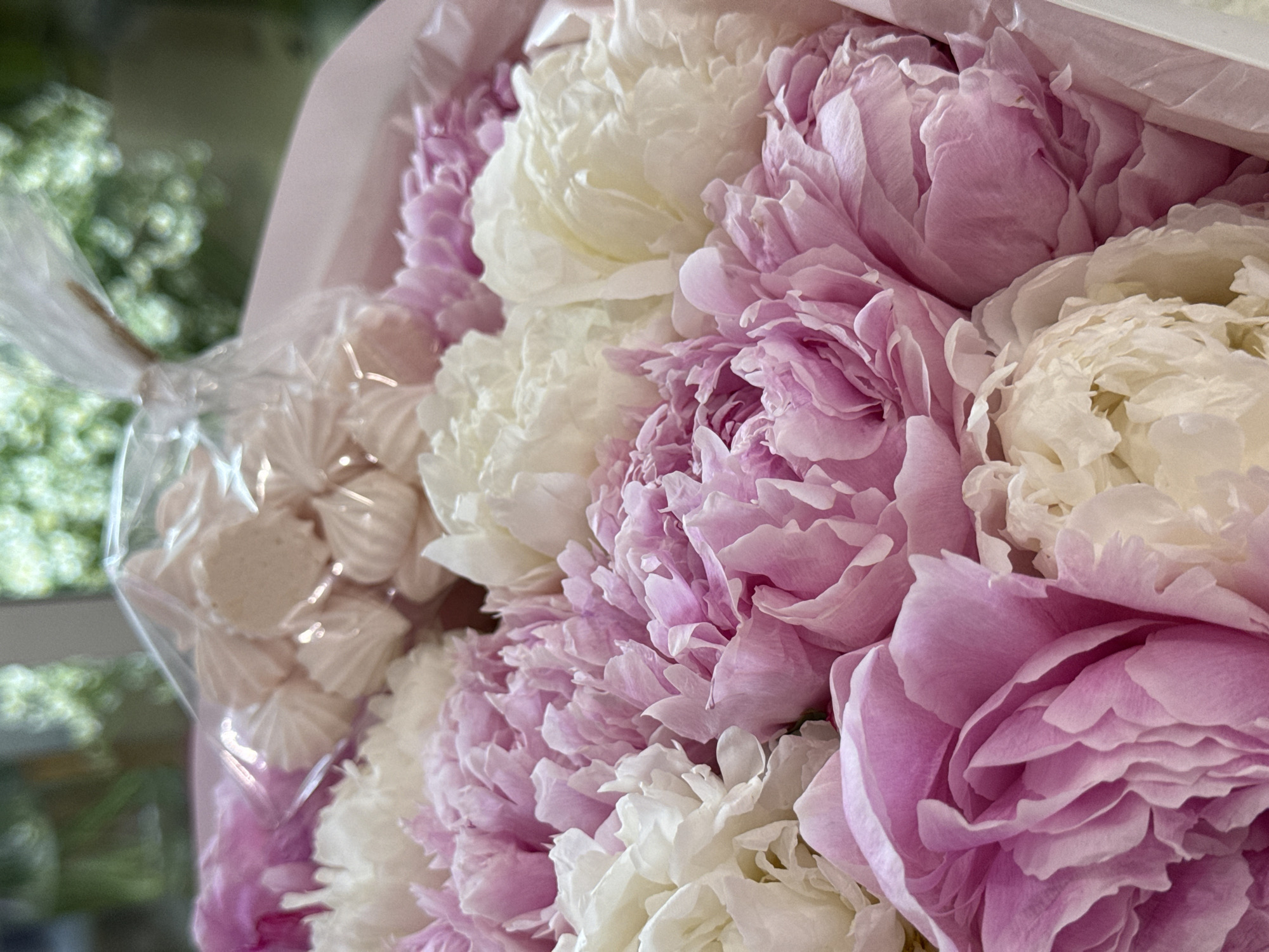 A close-up, overhead shot captures a bouquet of pink and white peonies nestled in pink paper. Peeking from behind the flowers, a clear plastic bag holds an assortment of pale pink meringue cookies. The background is blurred, showing hints of green foliage. The lighting is bright and natural. The scene appears to be indoors, possibly a gift arrangement or a floral display.