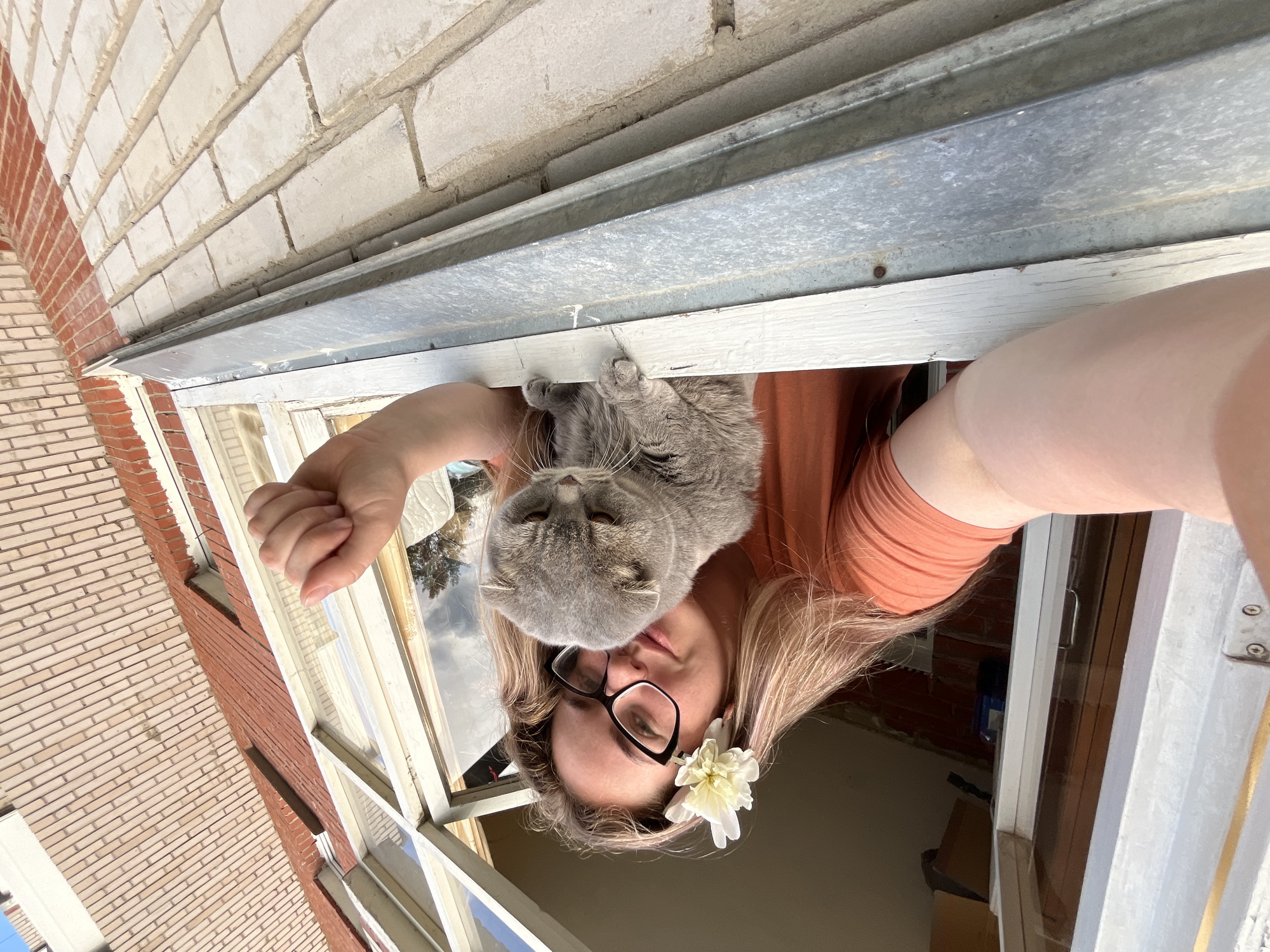 In an outdoor, low-angle shot, a young woman with blonde hair, wearing glasses and an orange t-shirt, is taking a selfie from a window. A grey Scottish Fold cat is perched on the windowsill next to her. The woman has a white flower tucked behind her ear. The background shows a brick building. The scene appears to be located on a window ledge or balcony of an apartment building in Chaikovsky, Russia.