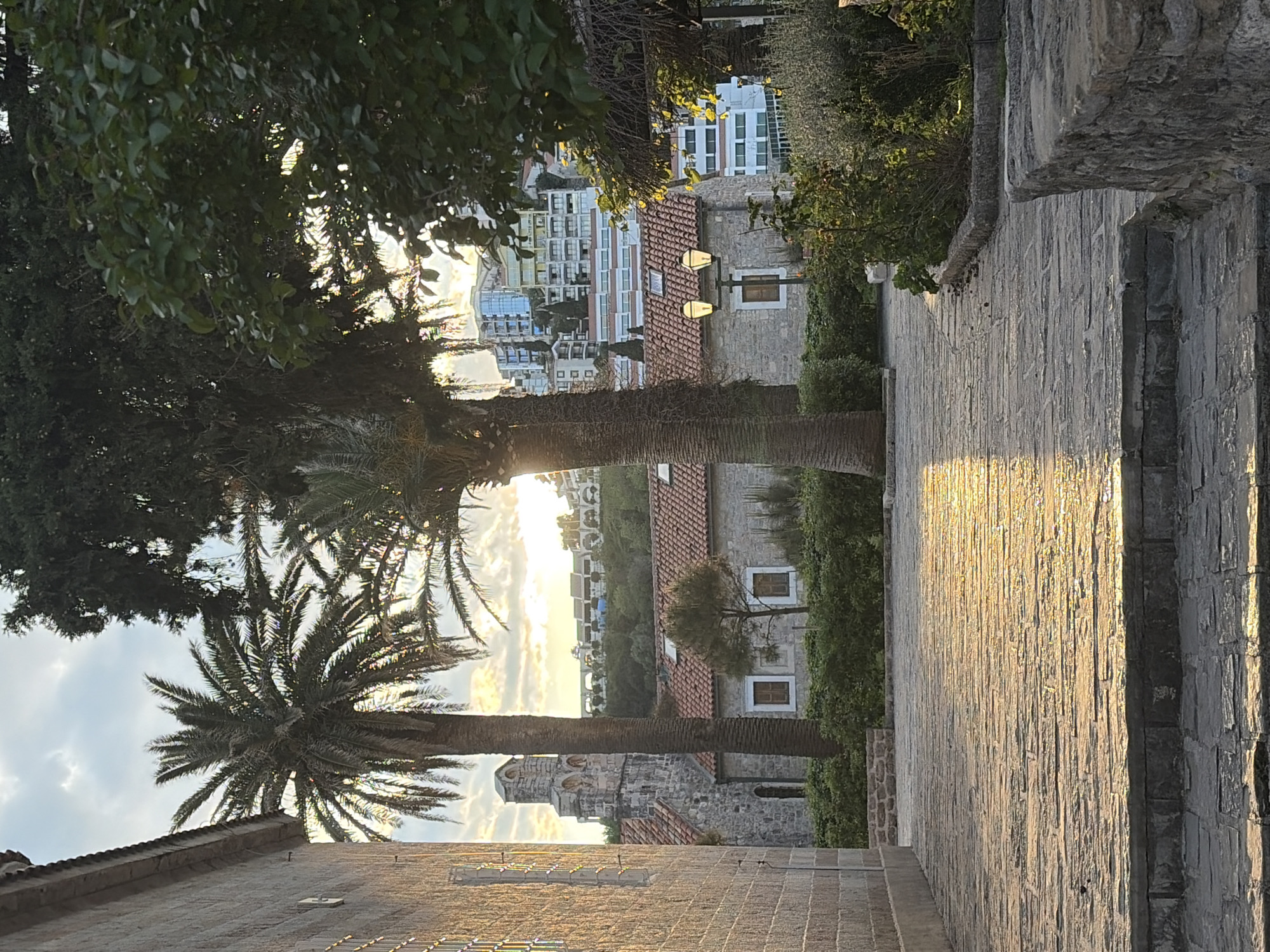 This image shows a view of Budva, Montenegro, from a higher elevation looking down a paved walkway. Palm trees frame the view. There are buildings with red-tiled roofs, modern hotels, and what appears to be a church. The sun is setting, casting a warm glow over the scene.