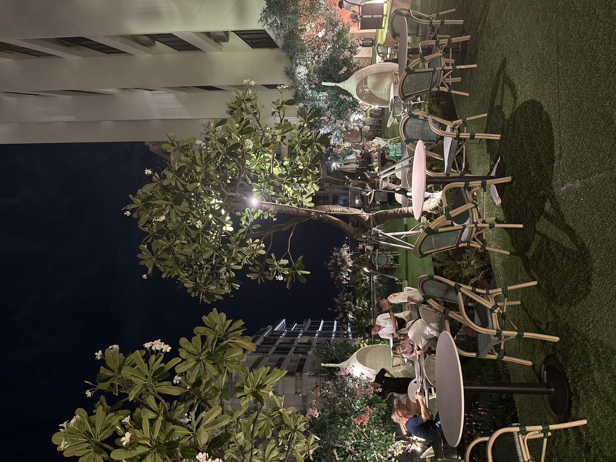 The image depicts an outdoor dining area at night, possibly a cafe or restaurant, set against a backdrop of buildings. Artificial grass covers the ground, and numerous tables and chairs are arranged on it. Some of the chairs are woven with green accents. A large tree with white flowers dominates the left side of the frame, with its branches extending towards the top. In the background, a modern building with illuminated windows is visible.
Several people are seated at tables, engaged in conversation and dining. One person is looking at their phone. The lighting suggests it's evening or night. The scene appears relaxed, with people enjoying a meal or drinks.
A small green sign with white text is visible on one of the tables, reading "RECYCLE EARTH." The overall atmosphere is calm and inviting, with the ambient lighting creating a pleasant ambiance. The presence of flowering trees and lush greenery hints at a tropical or subtropical location. The presence of a modern building suggests an urban setting.