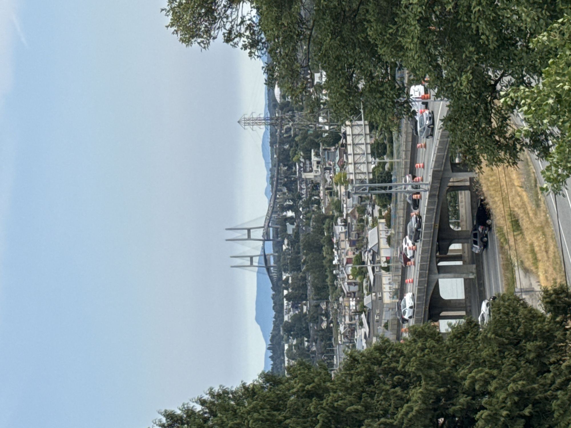 An elevated, slightly hazy, daytime wide shot captures a scenic urban and natural landscape. In the foreground, a large evergreen tree dominates the left side of the frame. Further back, a multi-lane bridge stretches across the frame, with several cars visible on its surface. Orange traffic cones are present along the bridge, suggesting construction or a traffic diversion. The bridge spans over water, and another, larger cable-stayed bridge is visible in the mid-ground, spanning a wider expanse. Beyond the bridges, a densely populated urban area with houses and buildings is spread across rolling hills. A prominent power line tower stands tall among the buildings. In the far distance, a range of blue-hued mountains forms the horizon, under a pale blue sky with scattered clouds. The scene is likely of New Westminster, Canada, given the distinctive architecture of the bridges and the surrounding topography.