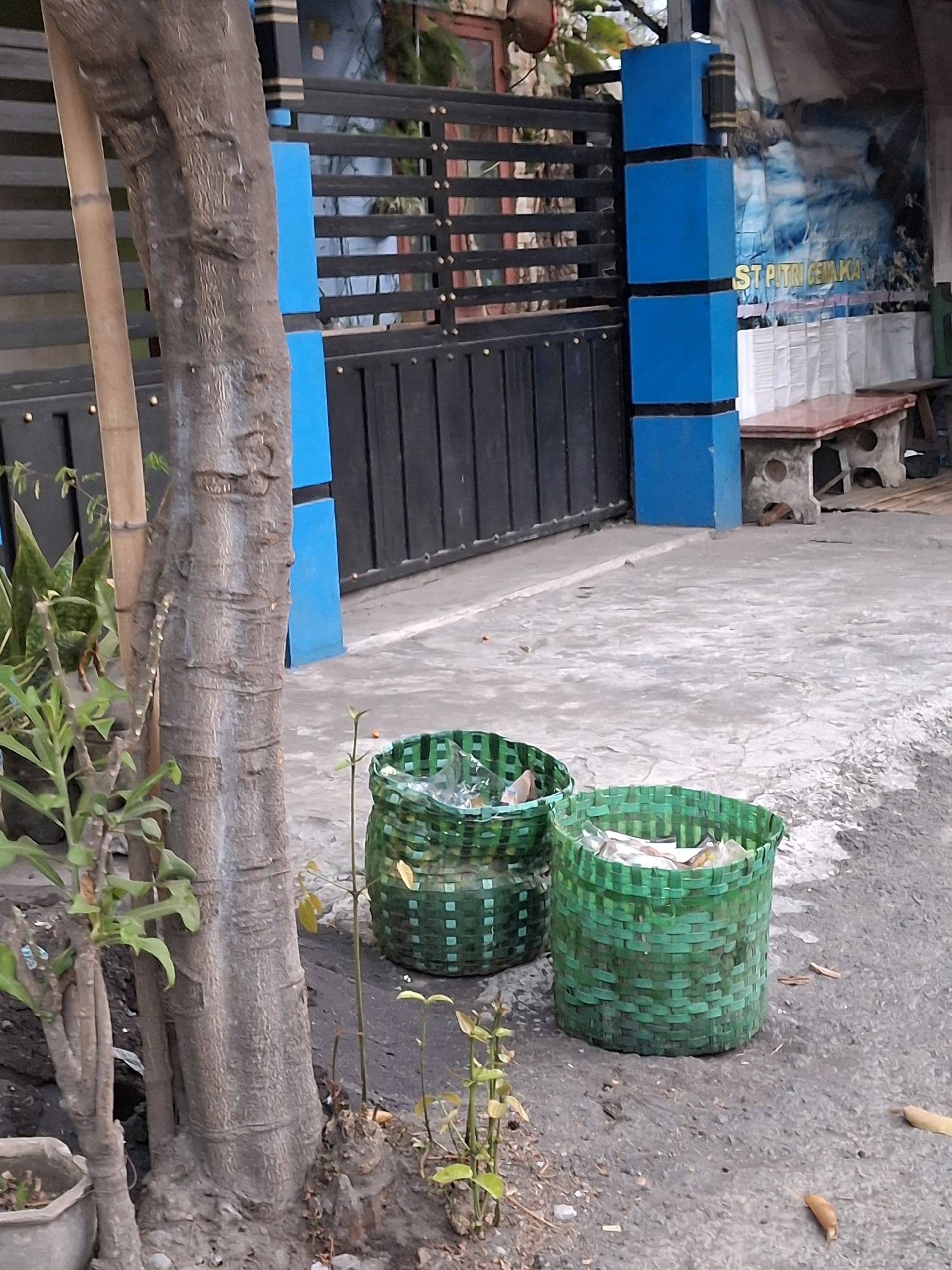 This is a medium shot, outdoor, eye-level photograph taken in Lumajang, Indonesia. In the foreground, a large tree trunk is on the left side of the frame, with smaller plants and a plant pot at its base. Two green woven baskets, likely trash bins, are situated in the middle ground. The basket on the left appears partially full, while the one on the right is more visibly filled with light-colored debris. The background features a dark metal gate with blue accents, and beyond that, a bench and a wall with a mural or banner. The ground is paved with concrete. The lighting suggests it is daytime, with soft shadows. There are no people visible in the frame.