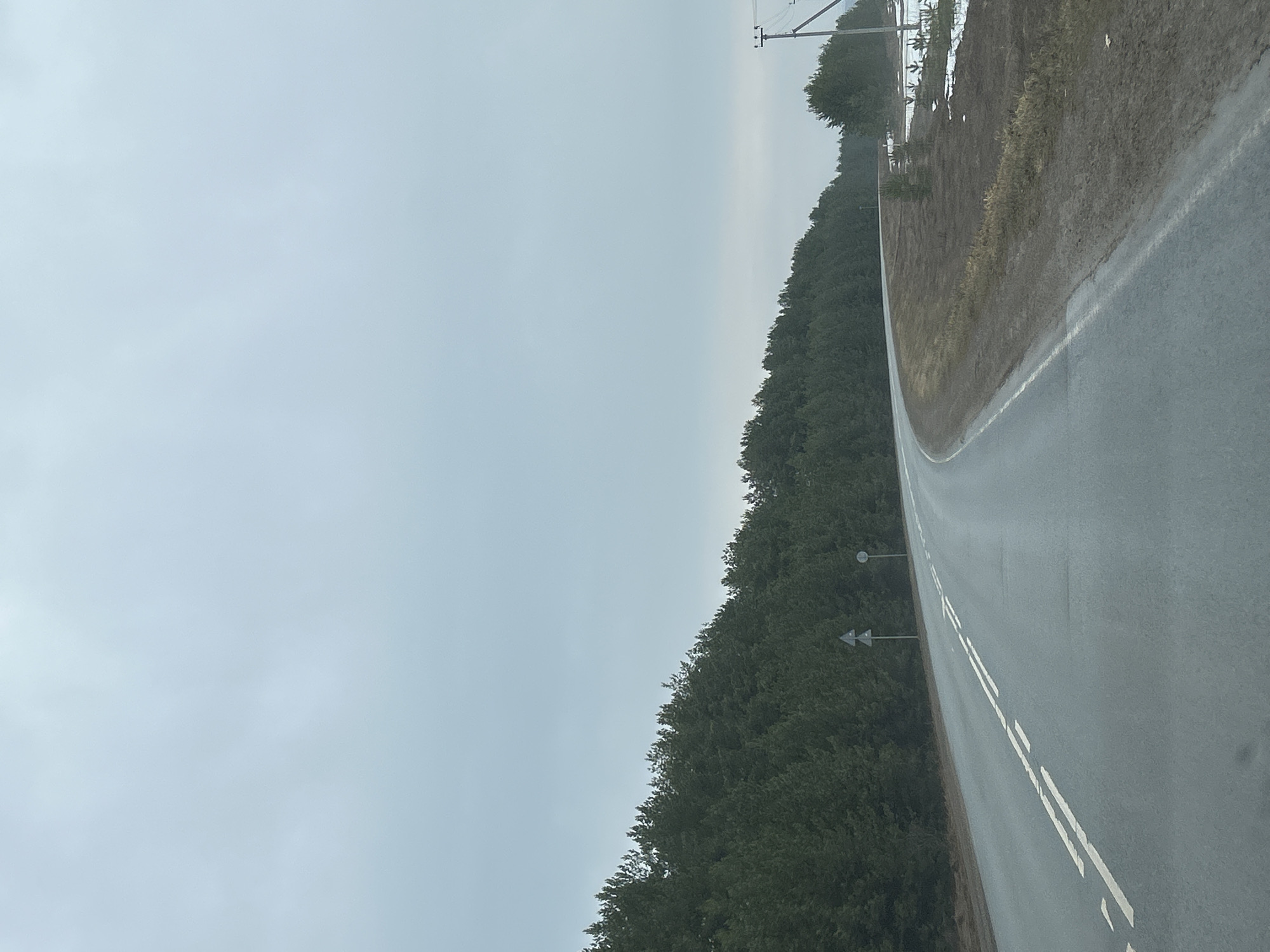 The image depicts a two-lane asphalt road with white dashed lines, curving slightly to the right. The road is bordered by a dense forest on one side and an open area on the other. The sky is overcast, suggesting a cloudy day. A road sign is visible along the road. Based on the location in the city of Фоки, Russia, it is likely a rural road in that area.