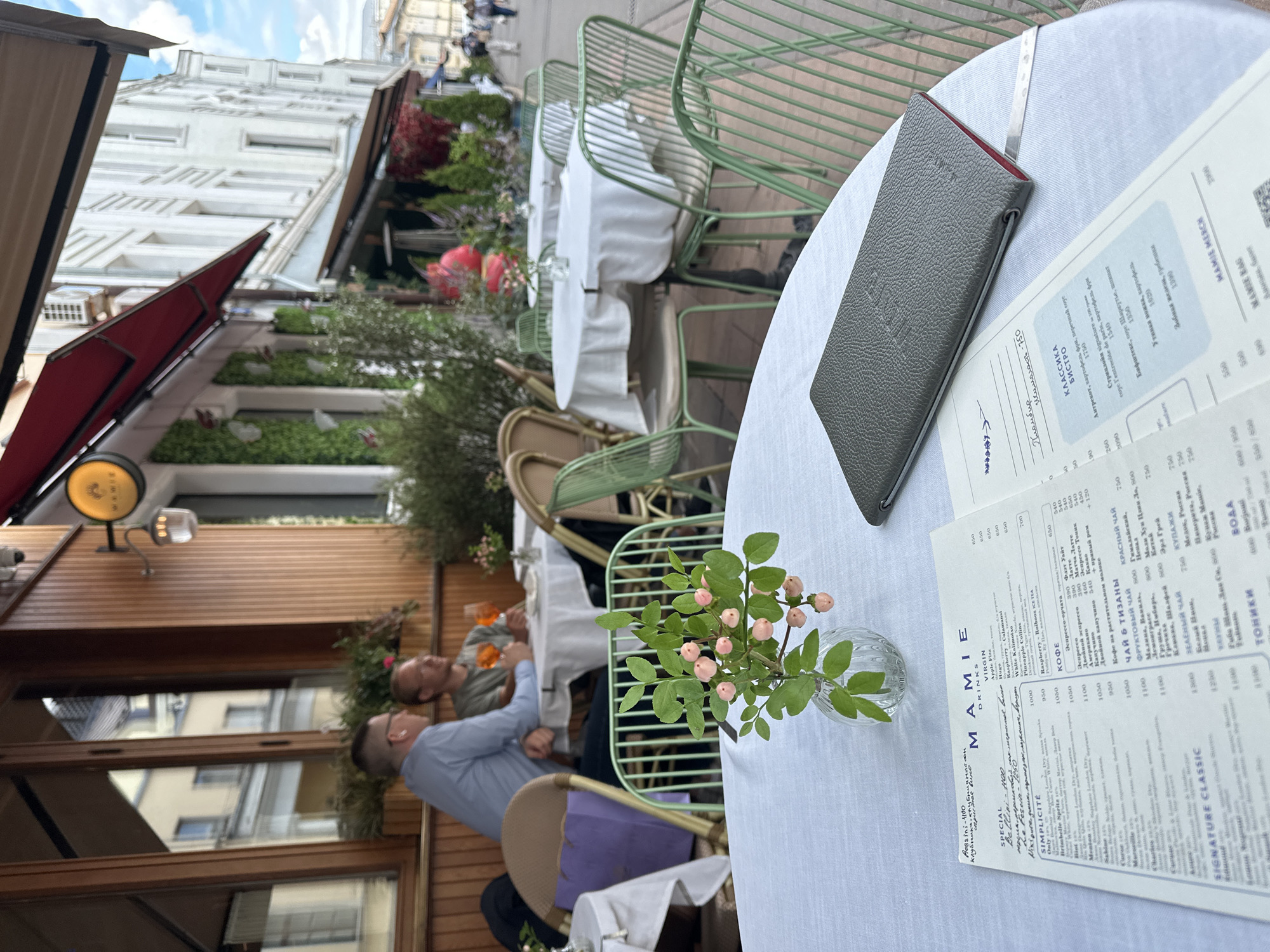 The image depicts an outdoor seating area of a restaurant, possibly in Moscow, Russia, given the Cyrillic text on the menu. Two men are seated at a table, engaged in conversation. One man, wearing a blue shirt, is gesturing with his hands while the other, in a grey t-shirt, holds a drink. The scene is set during the day, under a partly cloudy sky, suggesting pleasant weather.
The table in the foreground is covered with a white tablecloth and set with a menu, a menu holder, and a small vase with a sprig of pink flowers. The menu is open, revealing text in Cyrillic, including categories like "SPECIAL," "SIMPLICITÉ," "DRINKS," "КОФЕ" (coffee), "ЧАЙ В ТИЗАНЫ" (tea and tisanes), "ТОНИКИ" (tonics), and "КЛАССИКА" (classics). The restaurant name "MAMIE" is clearly visible on the menu.
In the background, other tables are set up with white tablecloths and green metal chairs, suggesting a European-style bistro. Lush greenery and potted plants are visible, adding to the ambiance. Buildings with windows and balconies are seen in the distance, hinting at an urban setting. The overall mood appears relaxed and social, with the patrons enjoying their time outdoors.