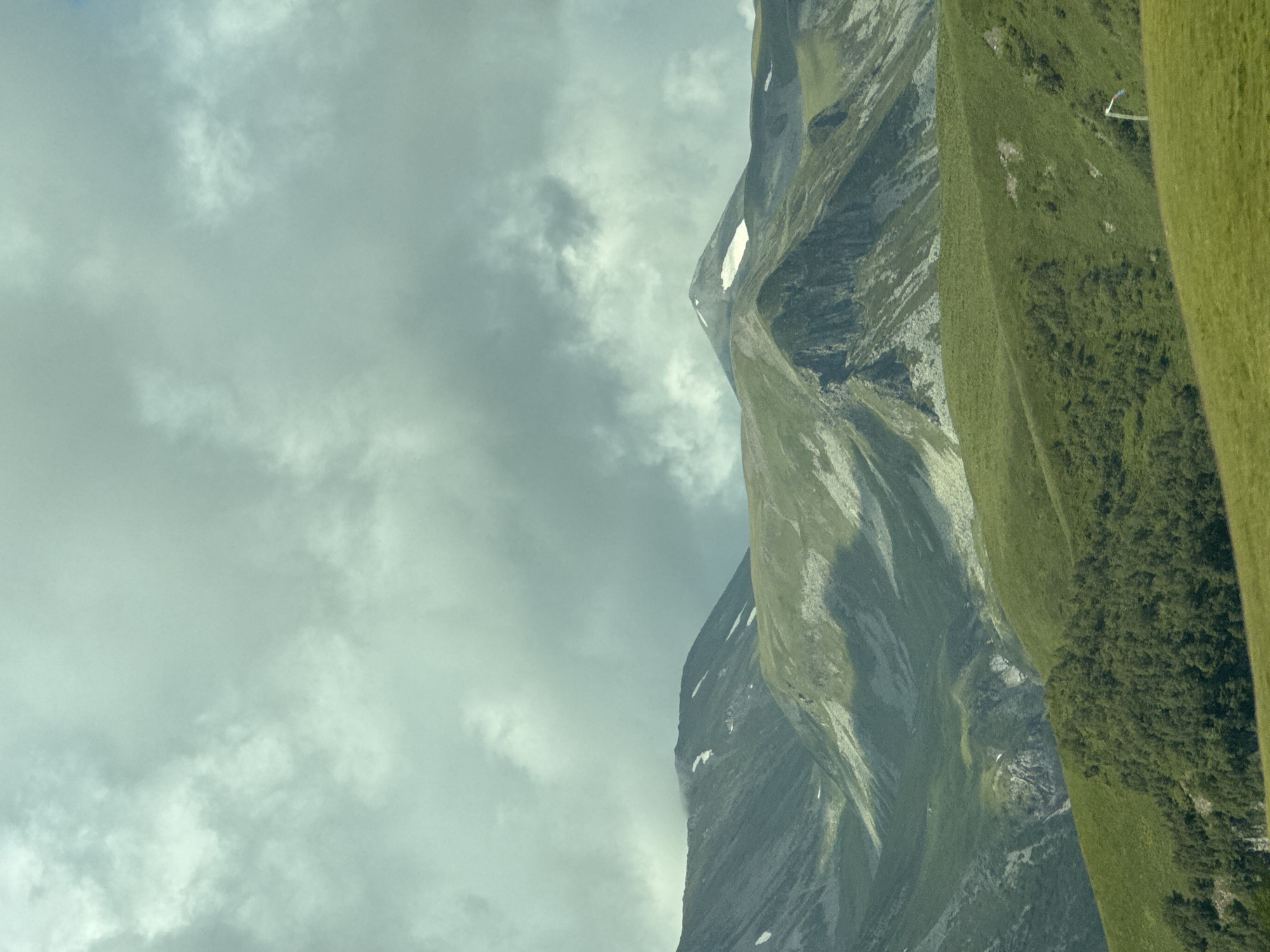 The image depicts a panoramic view of a mountainous landscape in Gudauri, Georgia. The scene is dominated by rolling green hills in the foreground, transitioning to steeper, rocky mountain slopes in the mid-ground and background. Patches of snow are visible on the higher peaks, indicating an alpine environment. The sky is overcast with heavy, grey clouds. In the lower right quadrant, a small white and blue marker pole is visible on a grassy slope. The overall impression is one of rugged natural beauty under a moody sky.