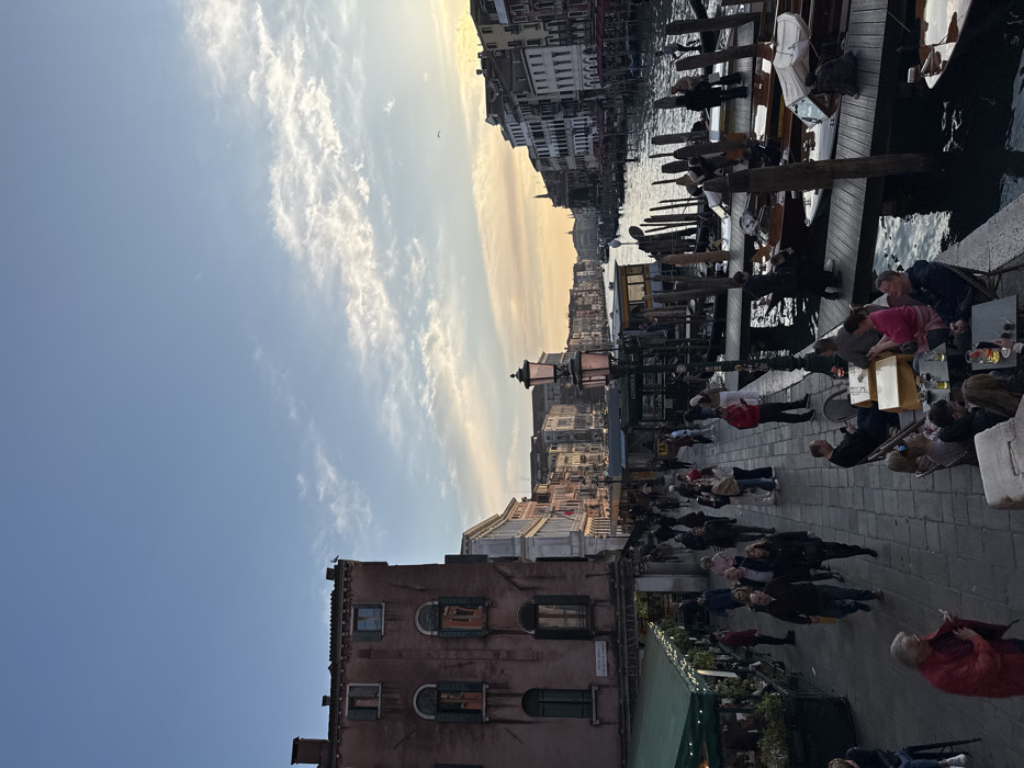 The image displays a scene along the Grand Canal in Venice, Italy, specifically on the Fondamenta del Vin, during late afternoon or early evening. The sky transitions from a light blue overhead to warm orange and yellow tones at the horizon, featuring scattered white, wispy clouds.
In the left foreground, a multi-story reddish-brown building with multiple windows, some featuring green shutters, stands beside a stone-paved promenade. Below this building, a green awning covers an establishment. Approximately 30-40 pedestrians are present on the promenade, walking in various directions. Several groups of individuals are seated at outdoor cafe tables on the promenade, engaged in social interaction and consuming beverages. A person in a red jacket stands prominently in the lower left foreground, observing a mobile device.
To the right of the promenade, the Grand Canal features dark water reflecting the sky. Multiple wooden docks with numerous gondolas and motorboats (water taxis) are moored. Numerous dark wooden mooring poles protrude from the canal. A tall, dark street lamp with multiple illuminated fixtures is positioned near the canal's edge. Down the canal, a continuous line of multi-story Venetian buildings extends along both banks, illuminated by the low sunlight. Signage visible includes "Gondola" and "Taxi."