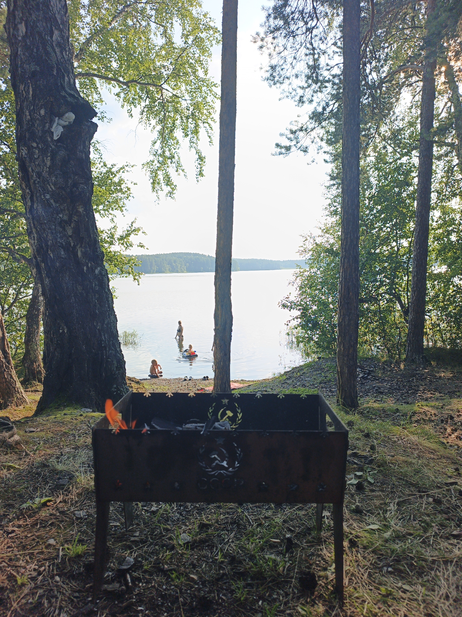 The image depicts a scene near a lake in Nepryakhinskoye Sel'skoye Poseleniye, Russia. In the foreground, a rusty metal brazier with small flames is visible on dry grass and pine needles. Beyond the brazier, several people are in the shallow water of a lake. One person, wearing a dark swimsuit, stands further out. Two children are closer to the shore; one sits on the ground near the water's edge, and another is in an inflatable ring in the lake. The background features a calm lake stretching towards a tree-covered shoreline and a bright, overcast sky. Tall pine trees and a large birch tree are present on the left side of the image, with dense foliage creating a forest setting.