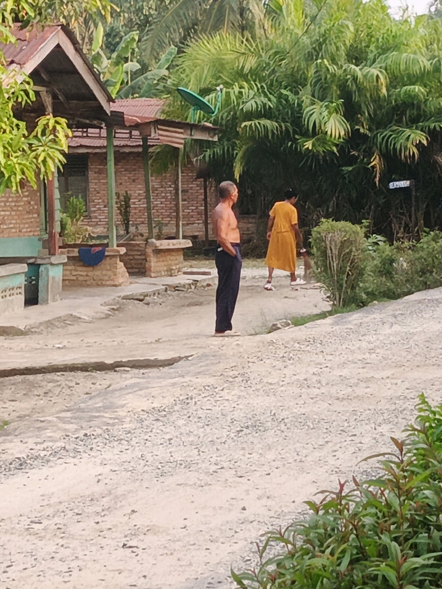 In Linggatiga, Indonesia, a rural dirt road is visible with two individuals. To the left, a shirtless man with graying hair stands with his hands in his pockets, wearing dark blue pants. To the right, a woman in a long, yellow dress walks away from the camera, facing a dense cluster of green palm trees and other lush vegetation. Behind the man, a small, simple brick building with a corrugated metal roof stands, partially obscured by foliage. The ground is a mix of dirt and gravel, with some patchy vegetation in the foreground and background. The scene appears to be during daylight hours.