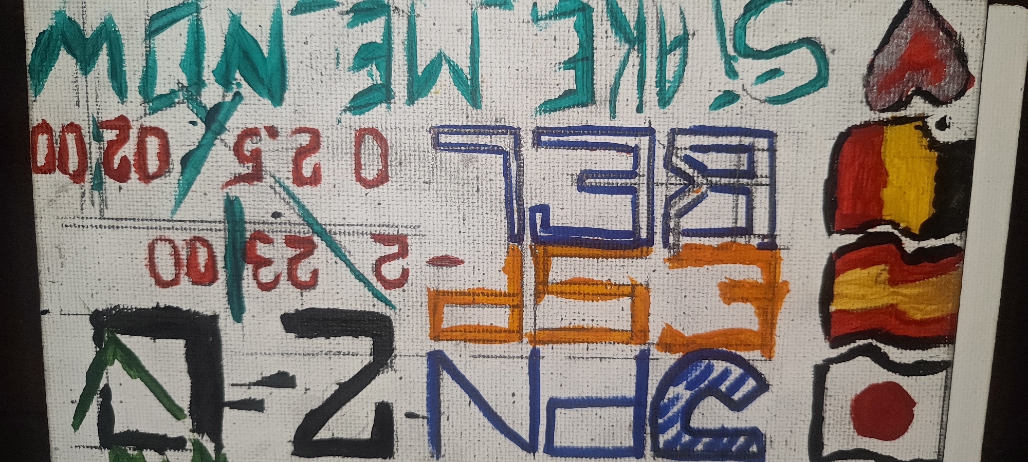 The image displays a section of a canvas with a white background, exhibiting a collage of painted elements and handwritten text. In the upper portion, turquoise lettering reads "MINT" and "STAKE ME". Below this, red numbers "00:20" and "02.5" are visible, along with "-2-23". To the right, a block of blue outlined shapes encloses orange outlines. Further right, a stylized figure appears to be composed of colored flag segments: red, yellow, and black stripes, topped with a red shape resembling a heart or a crown. In the lower left quadrant, bold black shapes are outlined, one with green strokes inside, and a black shape resembles a "2". To the right of this, blue outlined letters spell out "OPEN". The entire composition appears to be a vibrant and abstract artwork, possibly part of a larger piece or a standalone canvas. The context of its location in "Unknown, Unknown" is not determinable from the image itself.
