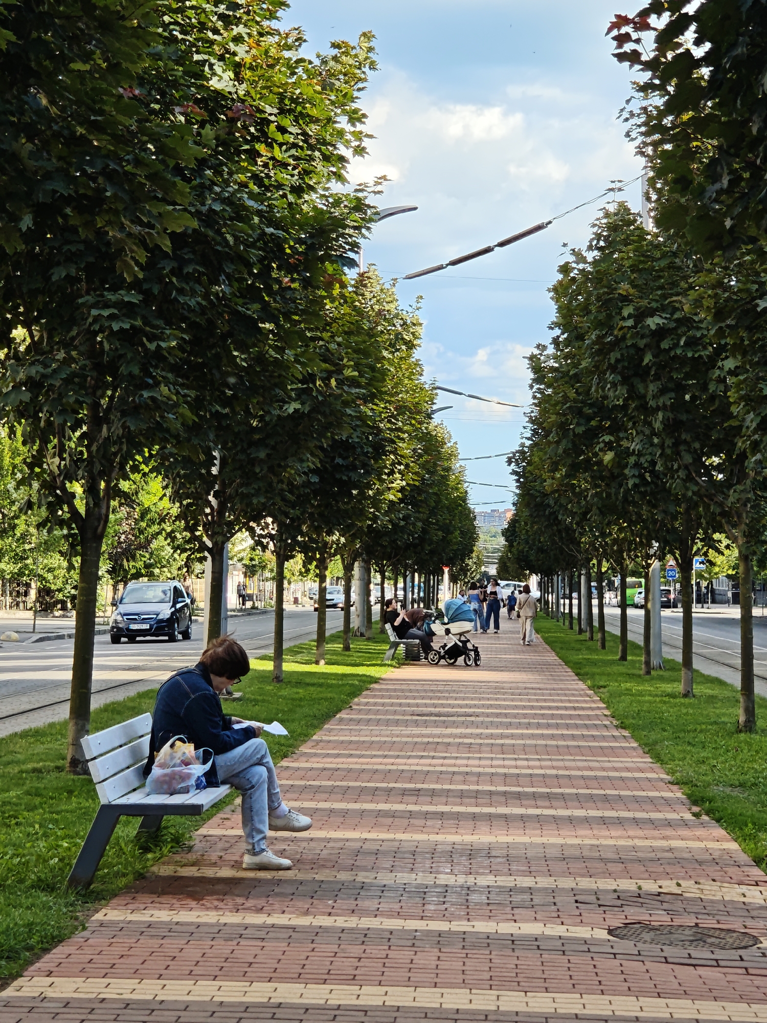 This image depicts a sunlit scene on a tree-lined promenade in Vinnytsia, Ukraine. The promenade is paved with a distinctive pattern of red and yellow bricks, bordered by lush green grass and rows of mature trees with dark green foliage. In the foreground, a person sits on a white park bench, engrossed in reading a document. They are wearing a denim jacket and light-colored jeans. Beside them on the bench is a plastic bag containing red fruits, possibly apples or tomatoes.
Further down the promenade, other individuals are visible. A group of people are walking, and one person is pushing a stroller. The pathway appears to be a public space, likely a park or a dedicated walkway alongside a road. Cars and a bus are seen on the road to the left, indicating urban surroundings. The sky is blue with scattered white clouds, suggesting fair weather. The lighting indicates it is daytime, likely late afternoon, given the long shadows cast by the trees. The overall mood is peaceful and serene, with people enjoying an outdoor stroll or a moment of quiet contemplation. The image captures a slice of everyday life in an urban environment, highlighting the natural beauty of the park and the presence of people engaged in leisurely activities.