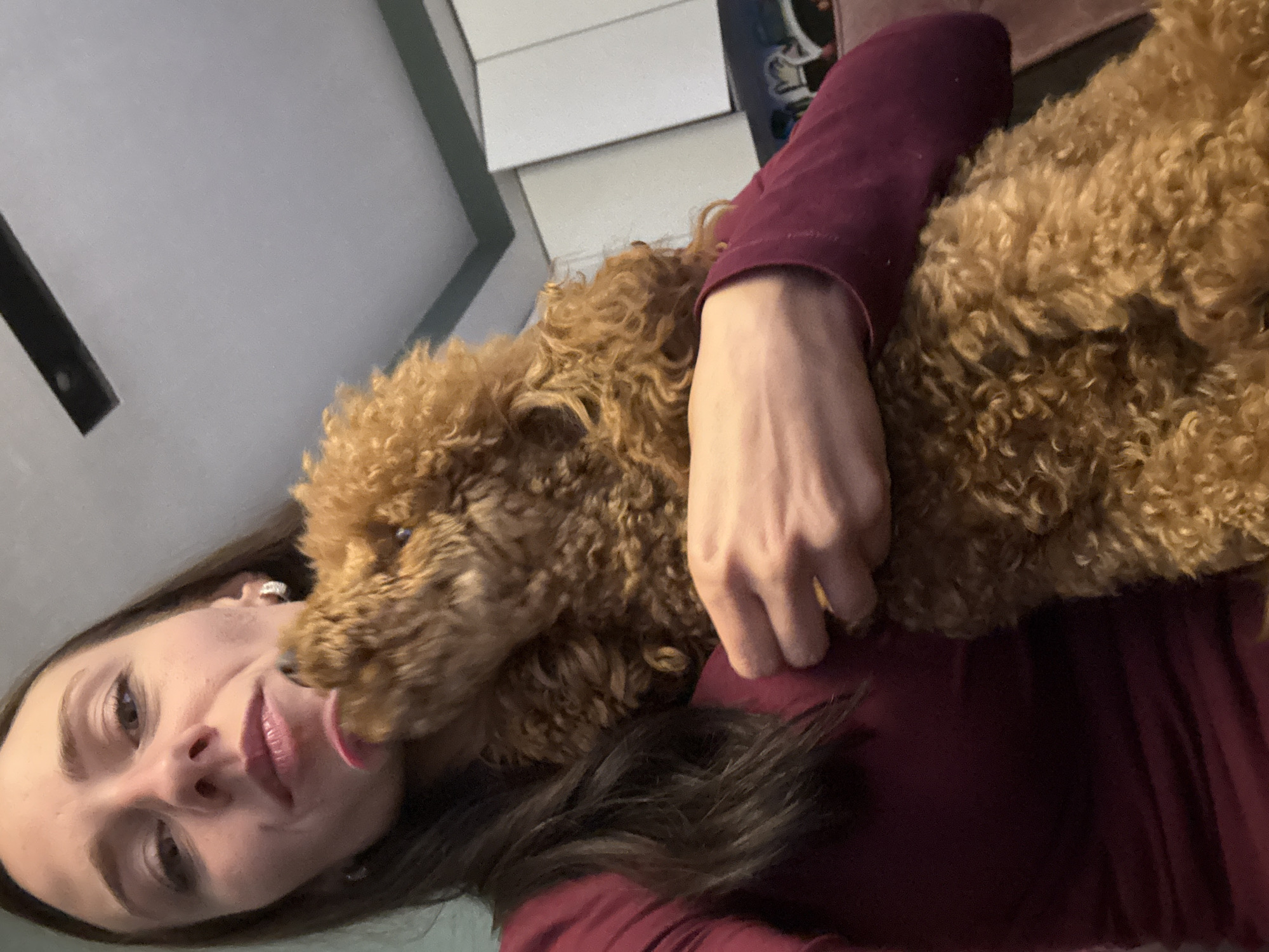 A woman with brown hair and fair skin is holding a brown poodle in her arms. The dog is licking the woman's face. The woman is wearing a burgundy long-sleeved shirt. The background includes a white wall and a dark-colored object. The location is not discernible.