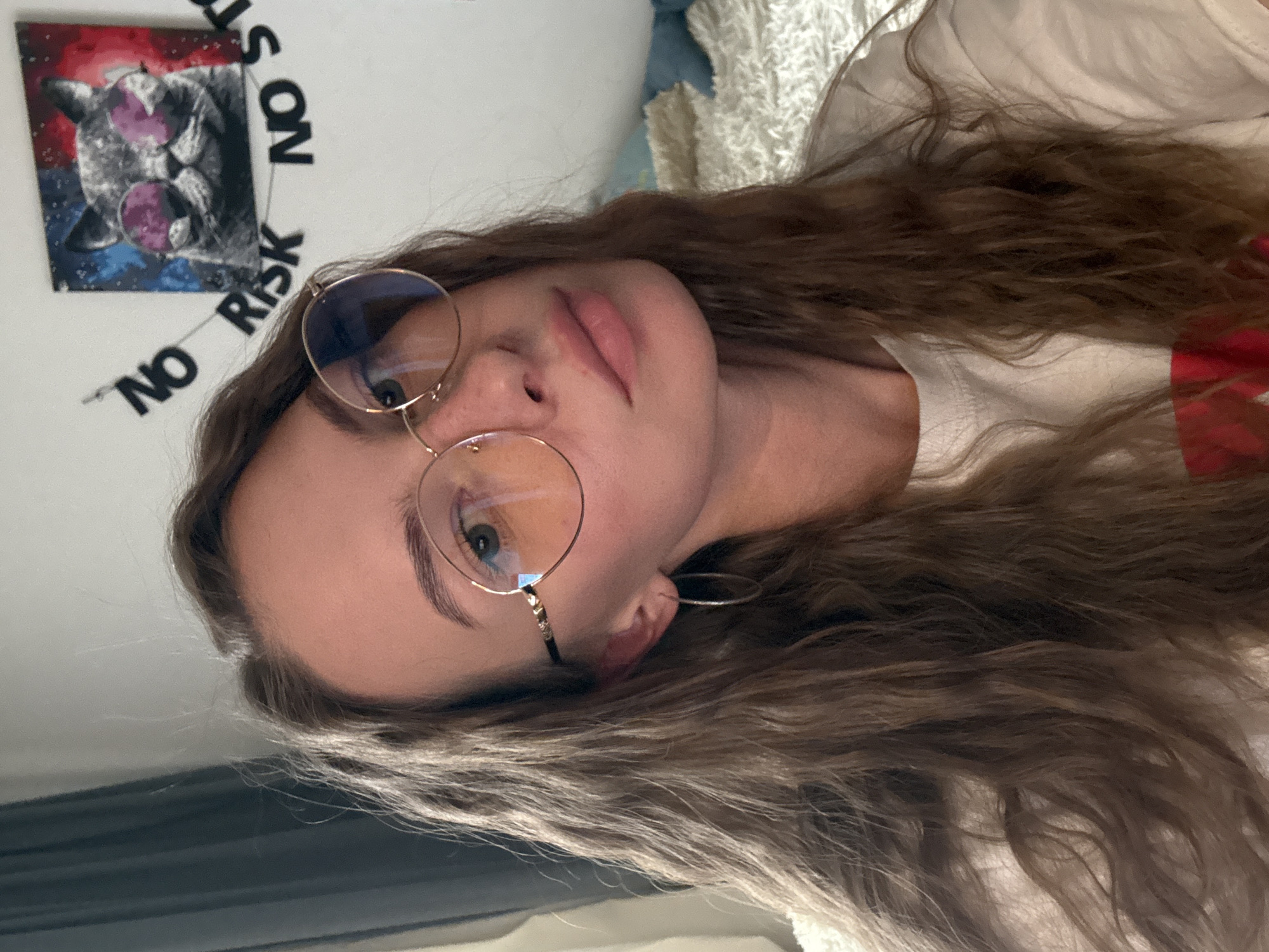 The image shows a close-up, selfie-style portrait of a young woman with long, wavy brown hair, wearing round-framed glasses with orange lenses. She has light-colored eyes and is wearing a light-colored t-shirt. Behind her, on a white wall, hangs a small framed artwork of a cat wearing sunglasses, with a banner below it that reads "NO RISK NO". The background also includes a grey curtain on the left and a textured, light-colored blanket or bedspread on the right, with a blue object, possibly a pillow, visible behind the woman. The overall lighting suggests an indoor setting. There are no discernible elements in the image that allow for determination of the location within the city of Perm, Russia.