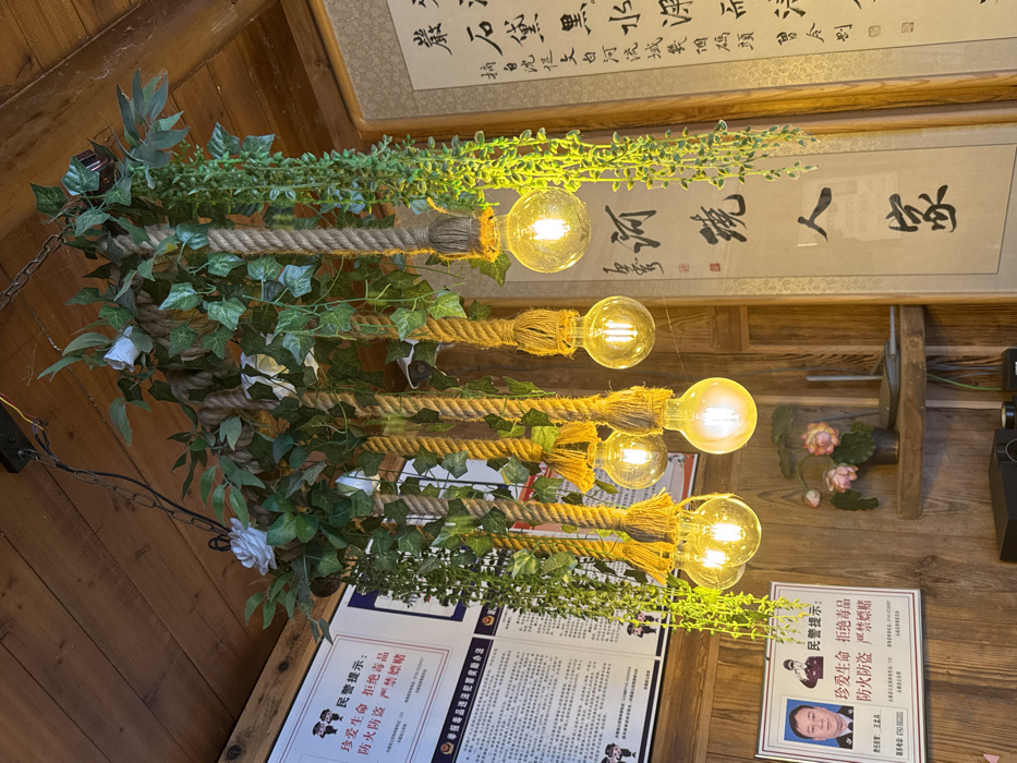 An indoor scene in Furong, China, features a decorative chandelier suspended from a wooden plank ceiling. The chandelier is constructed with artificial green foliage, including ivy-like vines and broader leaves, interspersed with white artificial flowers. Multiple thick ropes, each wrapped with yellow twine near its base, hang from the central structure. Seven visible clear, spherical Edison-style light bulbs, emitting a warm yellow light, are attached to the ends of these ropes.

The left wall is also composed of horizontal wooden planks and displays two white informational posters with Chinese characters. The upper poster includes small stylized figures and text such as "Police Reminder," "Cherish life, refuse drugs," and "Prevent fire and theft, strictly prohibit gambling." The lower poster features a passport-style photograph of a middle-aged Asian male in a dark suit with a light shirt and tie, exhibiting a police insignia on his collar. Accompanying text includes his name (likely "Wang Lin" based on visible characters) and a phone number.

The right side of the image reveals a lighter-colored wall or panel, framed by wooden elements, displaying a large vertical scroll with intricate black Chinese calligraphy. Below this, a small wooden shelf is mounted on the wooden wall. On the shelf, a small pot holds pink and red artificial flowers, and a silver electronic device, possibly a laptop, is partially visible. No individuals are present in the image.