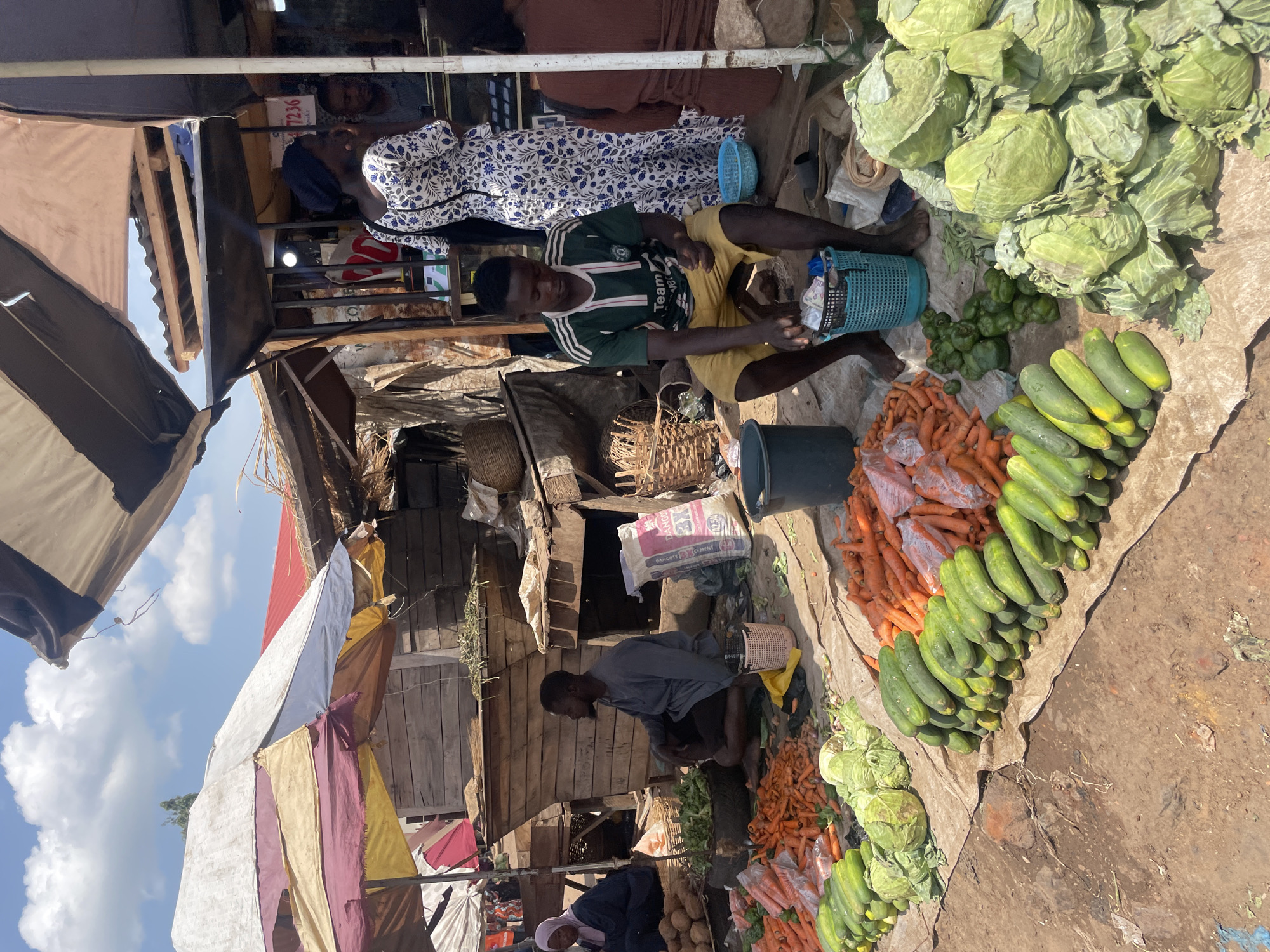 The image depicts an outdoor market scene. There are two men sitting on the ground among an array of vegetables, including cabbage, cucumbers, and carrots. One man is wearing a green and white striped shirt and yellow shorts and the other man is wearing a grey shirt. There are other people visible in the background near a structure with a patched roof. The scene appears to be a marketplace. The location is unknown.