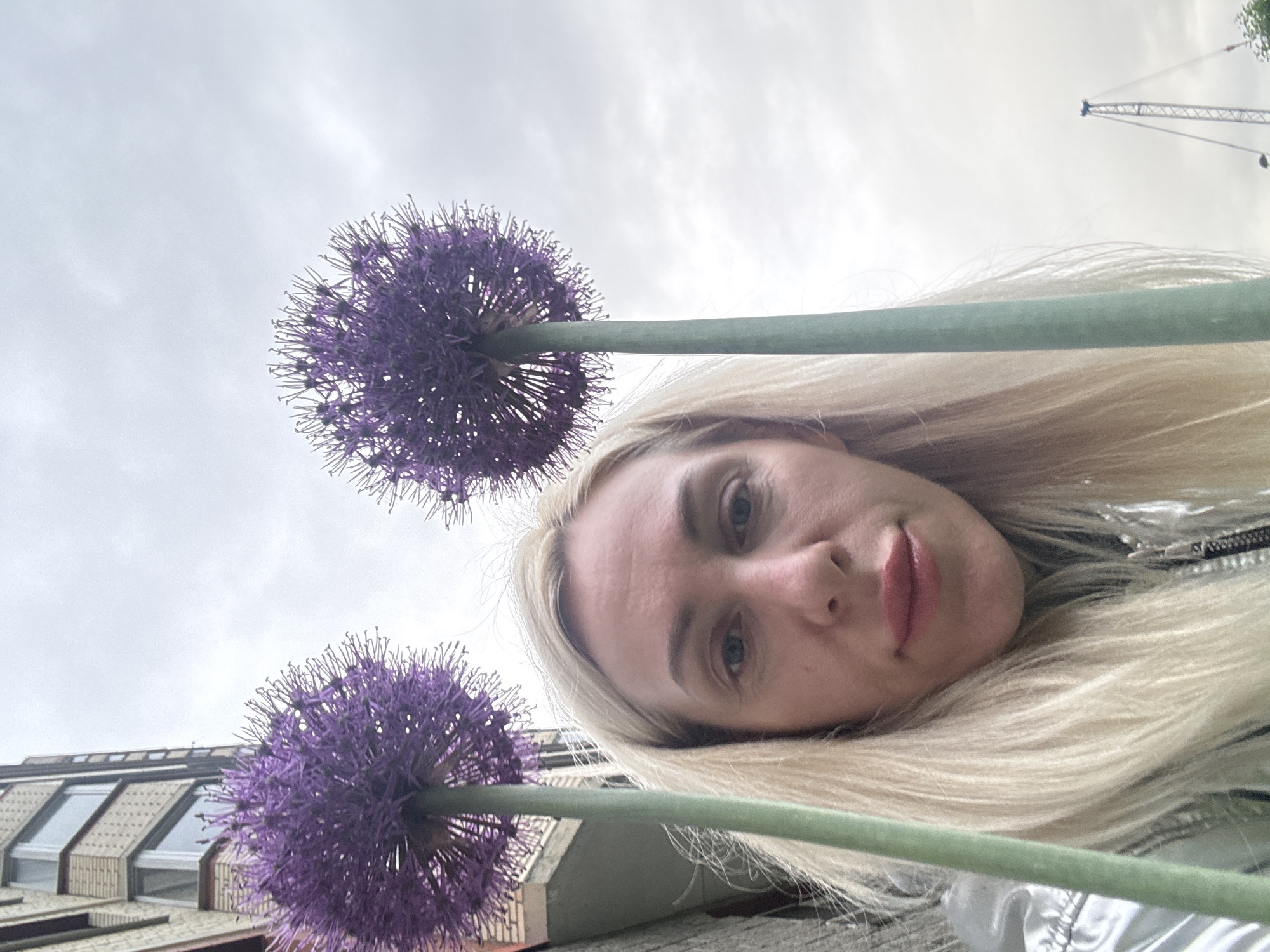 A low-angle shot depicts a woman with long, light-blonde hair and fair skin lying down, her face angled towards the camera. She is positioned among two large, purple allium flowers with long green stalks. The background includes a cloudy sky, the corner of a modern brick building with multi-paned windows, and a construction crane in the distance. The location is outdoors, likely a city street. The woman is wearing a light-colored metallic jacket.