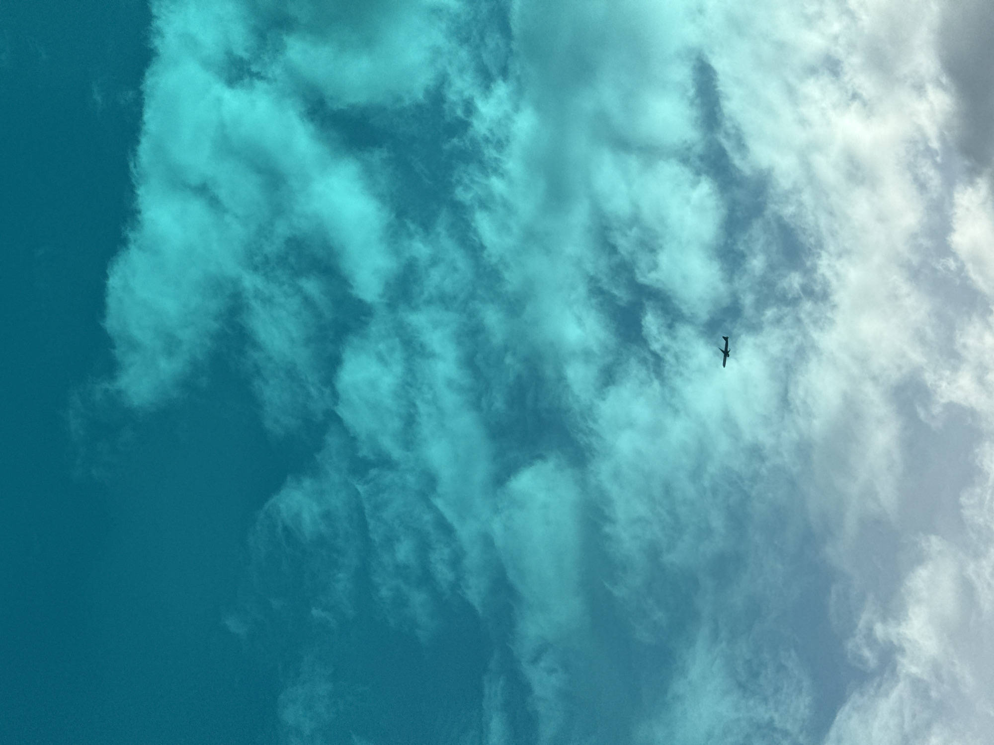 The image shows a view of a cloudy sky, ranging in color from a darker teal to a lighter, almost white hue. A single airplane is visible in the middle-right area of the frame. There is no specific information to place this view in Sofia, Bulgaria.