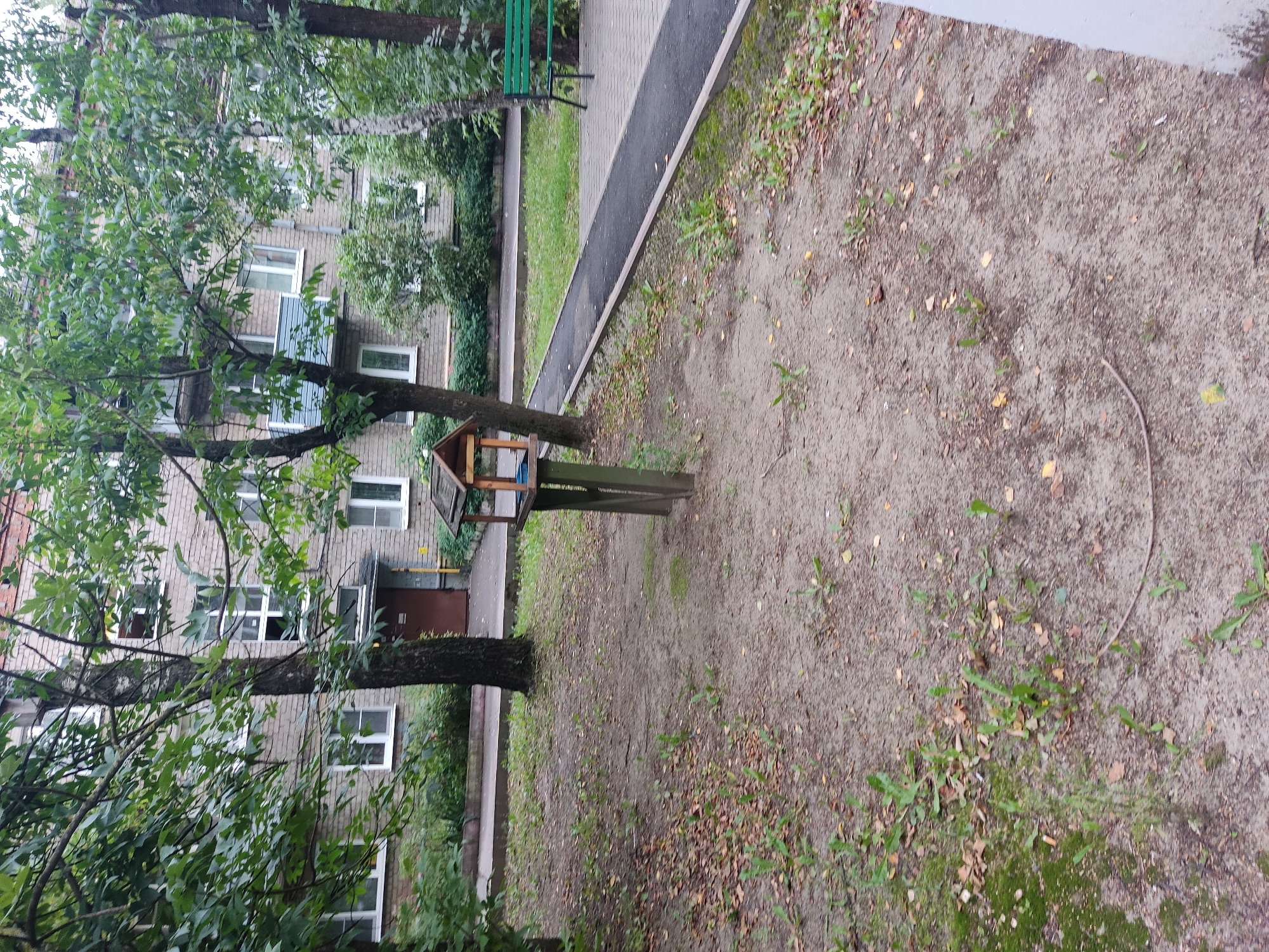The image depicts an outdoor scene in a residential courtyard in Noginsk, Russia. In the foreground, a dirt patch is sparsely covered with dry leaves and small green shoots. A wooden bird feeder, supported by dark green posts, stands centrally. A paved walkway with a gray border runs diagonally from the center to the right of the image, bordered by a strip of grass. In the background, a multi-story brick apartment building with several windows is visible, partially obscured by the foliage of trees. A dark brown door is present on the ground floor of the building. To the right of the walkway, a green metal bench is situated under a tree. The overall environment appears to be a typical urban courtyard, likely during late spring or summer, given the presence of green leaves on the trees. There are no people visible in the image.