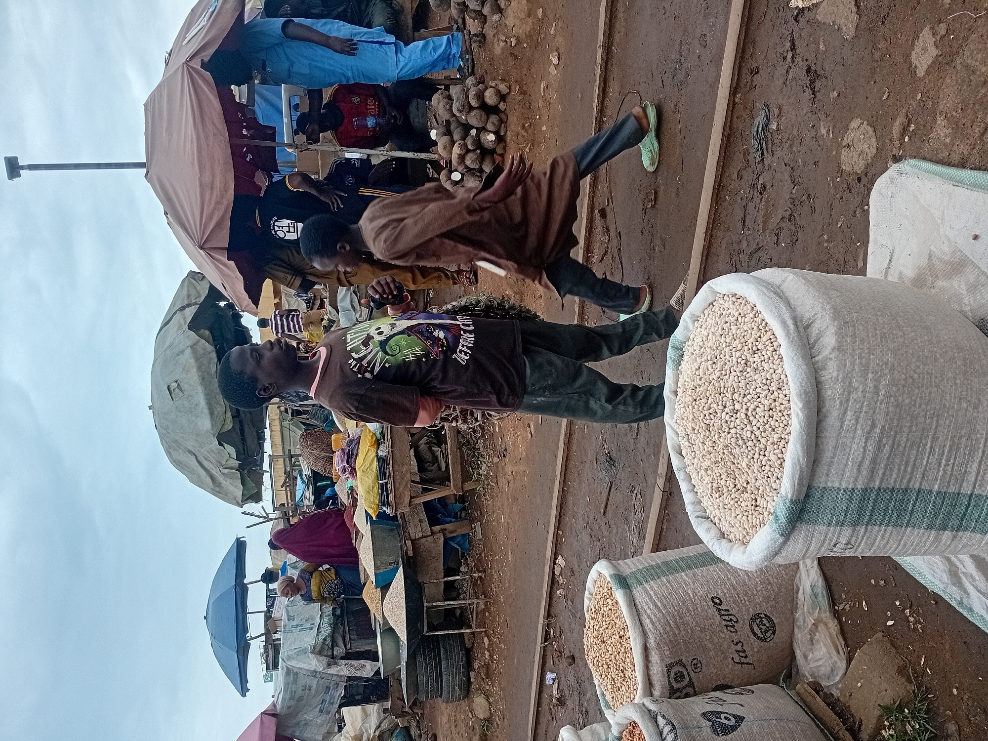 The image depicts an outdoor marketplace in Maiburiji, Nigeria. In the foreground, large sacks filled with pale, small, granular items, likely dried goods like beans or nuts, are visible. One sack is prominently in the center, with another to its left. The ground is dirt and appears somewhat muddy, with scattered debris.
In the mid-ground, two young boys are the primary focus. The boy on the left, facing the camera, wears a dark t-shirt with a graphic design and dark pants. He is looking towards the right. The boy on the right, in motion, wears a brown, loose-fitting robe and dark pants. He is walking to the right, his body angled away from the camera.
Behind the boys, a bustling market scene unfolds. Several people are gathered under large, makeshift awnings and umbrellas. A woman in a colorful patterned top and headscarf is visible to the far left, engaged in conversation or activity. Another figure in a maroon garment is also present. Further back, individuals in blue and red clothing are seated or standing near stalls. A pile of yams or similar root vegetables is stacked to the right of the moving boy. Stalls are laden with various goods, including sacks of grains and other produce, and displays are covered with tarps. The sky is overcast, suggesting a cloudy day. The overall impression is of a lively and active marketplace.