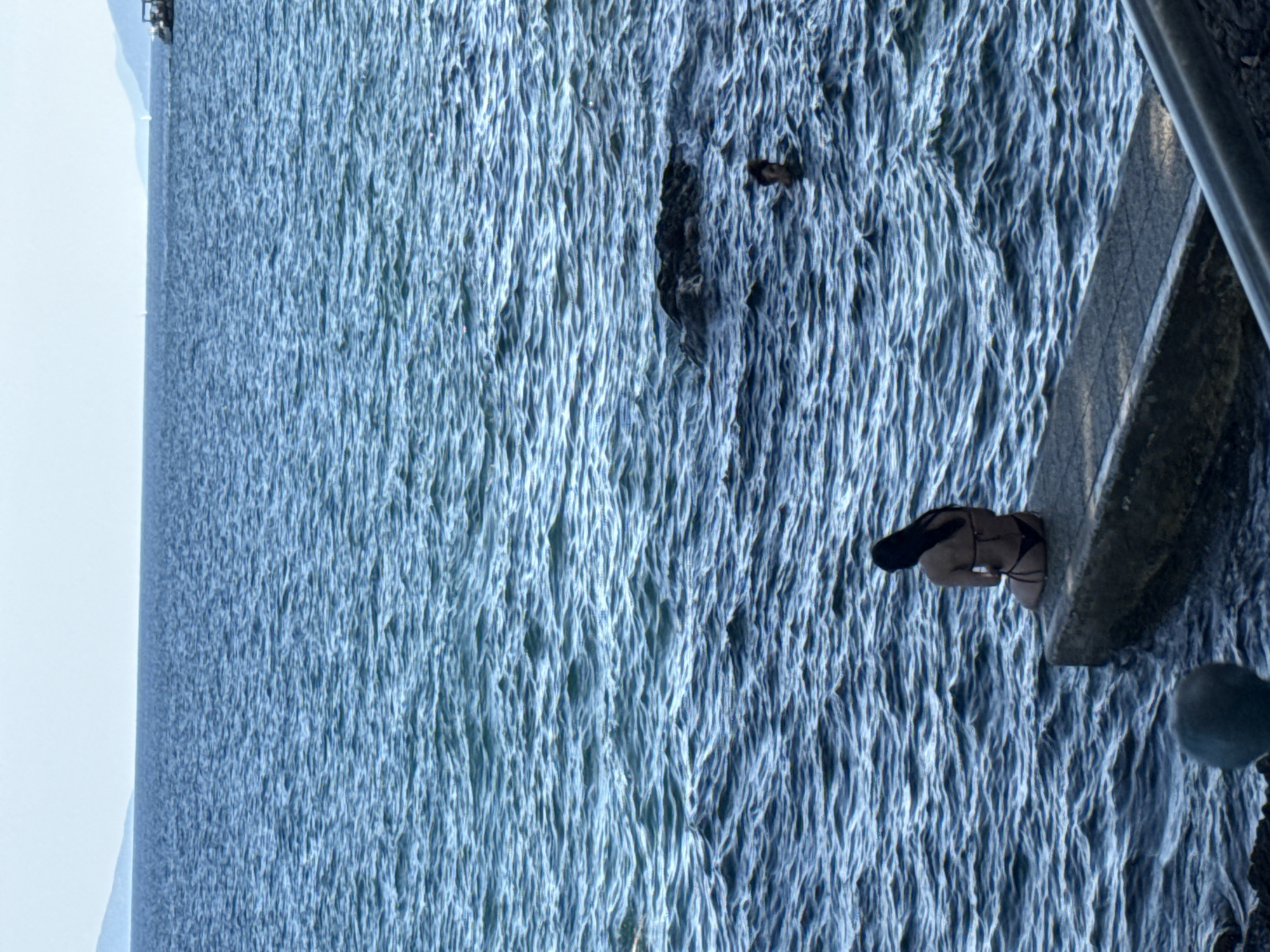 An eye-level medium shot captures a serene coastal scene, likely in Grad Opatija, Croatia, as indicated by the distinctive turquoise water and rocky shoreline. In the foreground, a woman with dark hair, wearing a black bikini, sits on the edge of a concrete pier, facing away from the camera and towards the vast expanse of the sea. Her posture suggests contemplation or relaxation. Further out in the water, another person, partially submerged, is visible, their head and shoulders breaking the surface of the gentle waves. A dark, jagged rock formation emerges from the water to the left of the swimmer. The sea is a deep blue, with a textured surface reflecting the bright, overcast sky. In the distance, a faint line of mountains or hills marks the horizon, suggesting a coastal town or island. The overall atmosphere is one of tranquility and natural beauty.