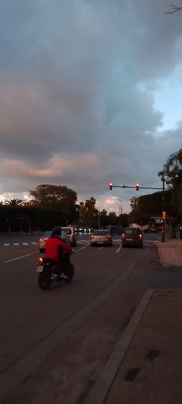 The image depicts an urban street scene at dusk, likely in Aïn El Aouda, Morocco. The sky is largely overcast with grey clouds, but soft pink, orange, and light blue hues are visible along the horizon, characteristic of sunset or sunrise.
In the foreground, a person wearing a red jacket and a helmet rides a motorcycle in the left lane, facing away from the camera. The motorcycle's taillight is visible. Several cars are on the road; some are stopped behind the motorcycle, while others further down the street have their headlights illuminated.
Two traffic lights are prominently displayed overhead, both showing red, indicating that traffic should halt. Lush trees, including distinctive palm trees, line the street on both sides, silhouetted against the dimming sky. A sidewalk is visible along the right edge of the frame, alongside a blue and white pedestrian crossing sign.
The overall lighting is low, typical of twilight, with artificial lights from vehicles and traffic signals providing points of brightness. The scene captures the calm activity of evening traffic at an intersection. No visible text is clearly legible on license plates or signs.