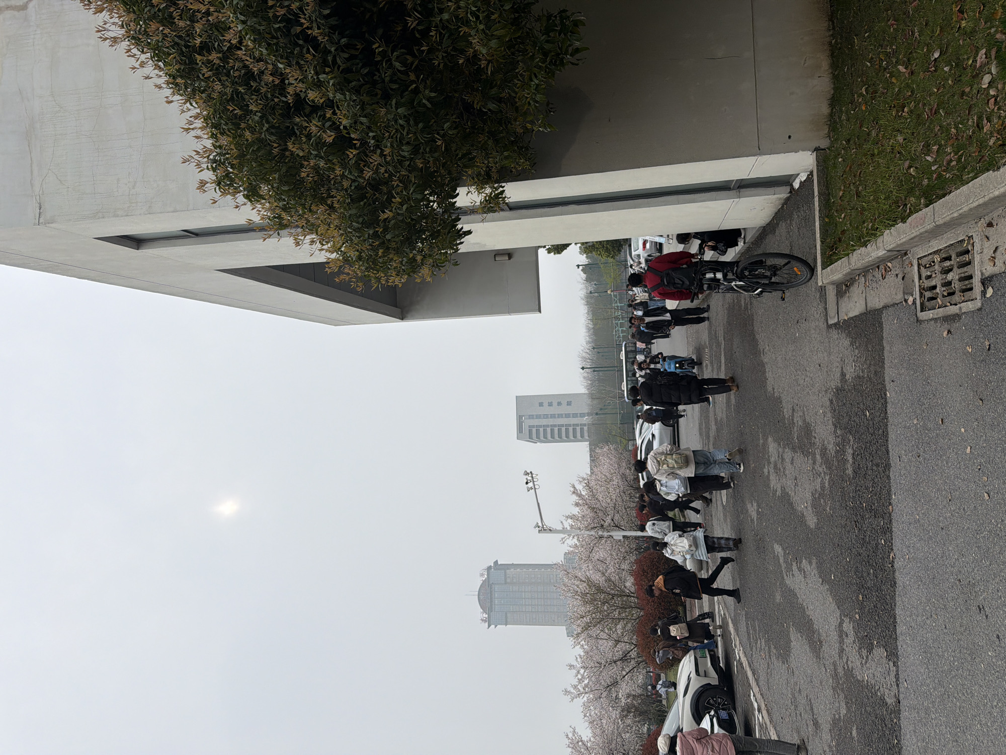 The image shows a street scene in Jiangning District, China. A group of people are walking along a sidewalk next to a building with green plants. The sky is overcast. In the distance, two tall buildings are visible. Cars are parked along the street. A person with a red jacket is on a bike.