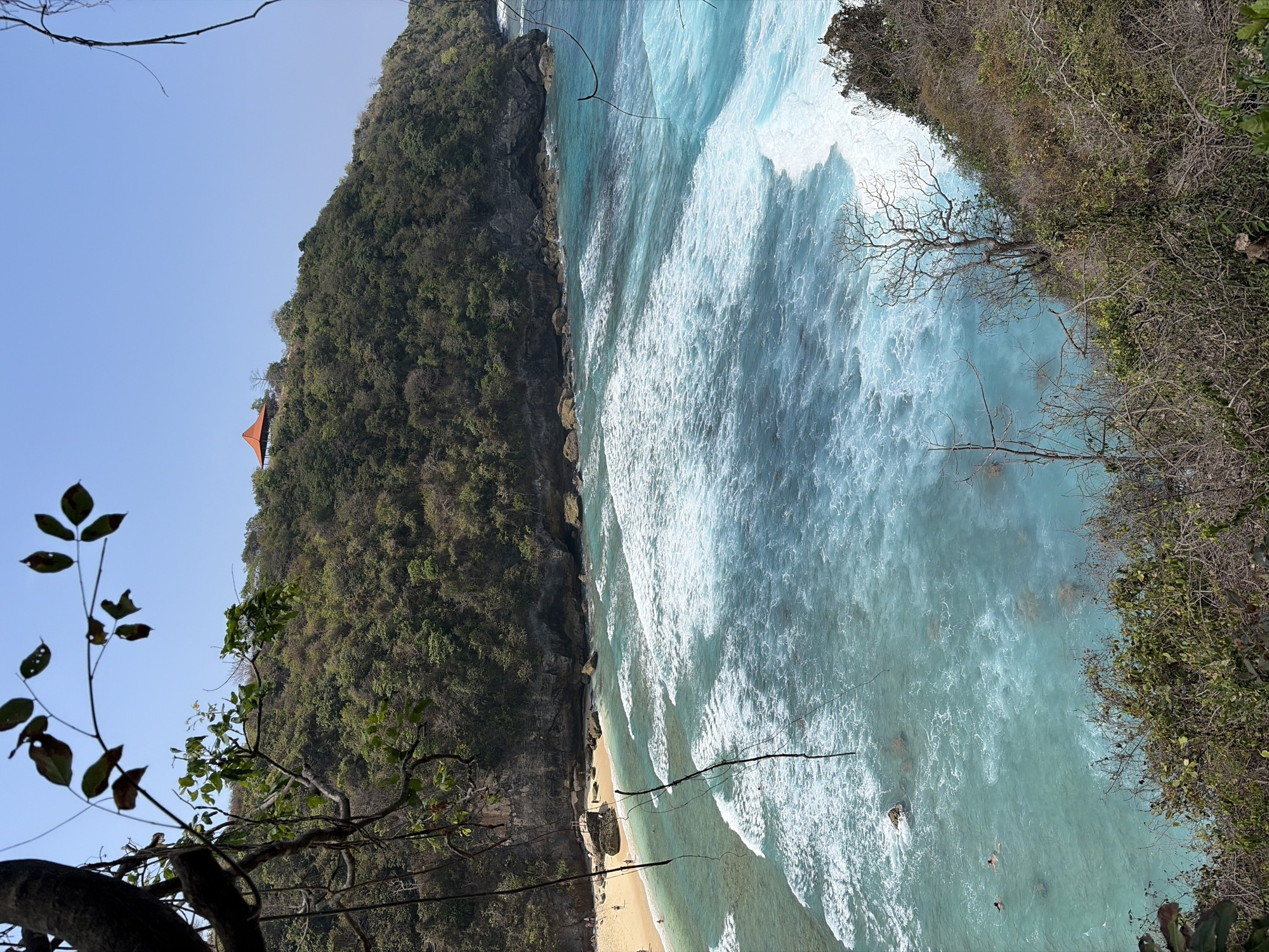 An aerial, eye-level, medium shot captures a beautiful tropical beach scene in Nusa Penida, Indonesia. A lush green cliff face dominates the upper portion of the image, with a red-roofed gazebo perched on its summit. The turquoise ocean below is alive with white-capped waves, crashing onto a sandy beach where several people can be seen relaxing and swimming. The foreground is framed by the dark branches and leaves of a tree, adding a natural, organic border to the picturesque landscape. The clear blue sky suggests a warm, sunny day.