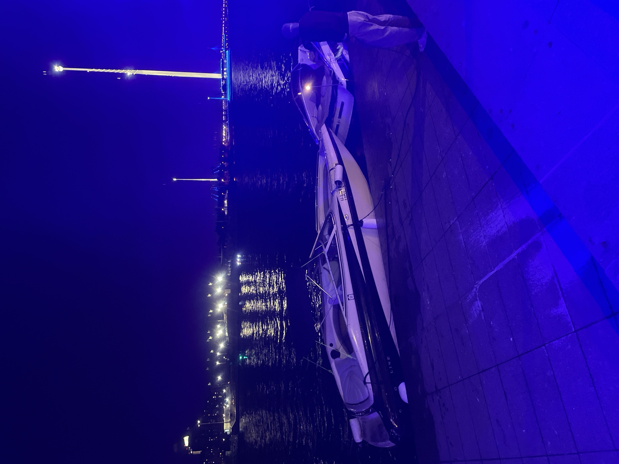 A man stands on a wet, tiled dock at night, illuminated by intense blue light. He is wearing light-colored pants and a dark shirt, facing away from the camera and towards two boats docked side-by-side. The boats are white with black trim. The boat closer to the man appears to be partially submerged or resting at an angle. The other boat is mostly above the water. In the background, across a dark body of water, a city skyline is visible with numerous lights, including streetlights and lights from buildings. Two tall structures, resembling amusement park rides or observation towers, are prominently lit in the distance. One tower, much taller than the other, is brightly lit with a golden-yellow light, creating a stark contrast against the dark blue night sky. The overall scene suggests a waterfront area in a city, possibly a park or entertainment district, at night. The presence of the boats and the man suggests they are associated with the dock or perhaps the boats themselves. The blue lighting casts a cool, somewhat artificial glow over the entire scene.