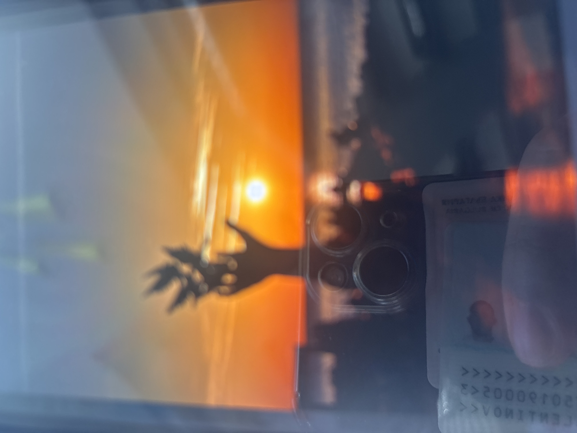 The image is a complex layered reflection, likely captured from a screen or window. The primary reflected scene depicts a vibrant sunset or sunrise, dominated by a bright, intense sun disc against a sky transitioning from warm orange and yellow hues near the horizon to a softer blue-grey above. A prominent silhouette of a hand, possibly holding a leafy branch or object with multiple pointed sections, extends towards the sun from the left.
Overlaid on this scenic background are reflections of objects closer to the viewer. On the right side, a modern smartphone, identifiable by its multi-lens camera array (resembling an iPhone), is visible, held by a person's hand. Below the phone, a portion of an identification card or driver's license is reflected, also held by a hand. The ID card displays a small, blurry photograph of a person's head and several lines of reversed text. Partially legible text includes sequences such as ">>>VONITMU>>>", "E>20009R02", and "MVPAT.A.AZ", consistent with information found on official identification documents.
The scene captures a moment of observation or photography, where the reflected subject is engaging with the sunset while simultaneously being reflected alongside personal items. The overall impression is one of superimposed realities, with the natural beauty of the sunset contrasting with the modern technology and personal identification. The time of day is clearly either sunrise or sunset due to the prominent, low sun. The image is provided with the context of being taken in Blagoevgrad, Bulgaria.