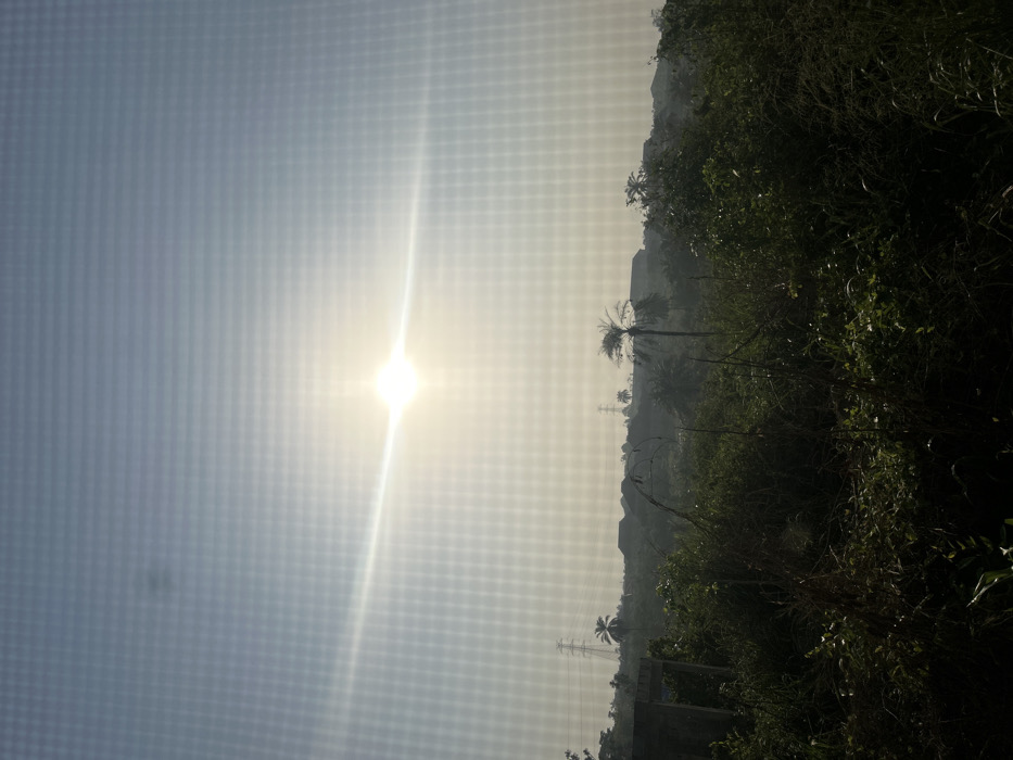 The image captures an outdoor scene in Debasco, Nigeria, characterized by bright sunlight and hazy atmospheric conditions. A prominent, intensely bright white sun with distinct lens flare is positioned centrally in the upper half of the frame, illuminating a light-blue to white sky. A distinct grid pattern is visible across the entire image, superimposed over the content.
The foreground is dominated by dense, unkempt green and brown vegetation, including tall grass and various bushes. To the far left, a partially constructed or dilapidated concrete structure, dark in color, is visible amidst the foliage.
The midground and background consist of elevated terrain or rolling hills, heavily covered in dark-green vegetation, including several tall palm trees. Scattered across these hills are multiple structures with dark rooftops, partially obscured by the pervasive atmospheric haze. Several electricity pylons are discernible on the distant hills, indicating power infrastructure. No individuals or specific actions are identifiable within the frame.