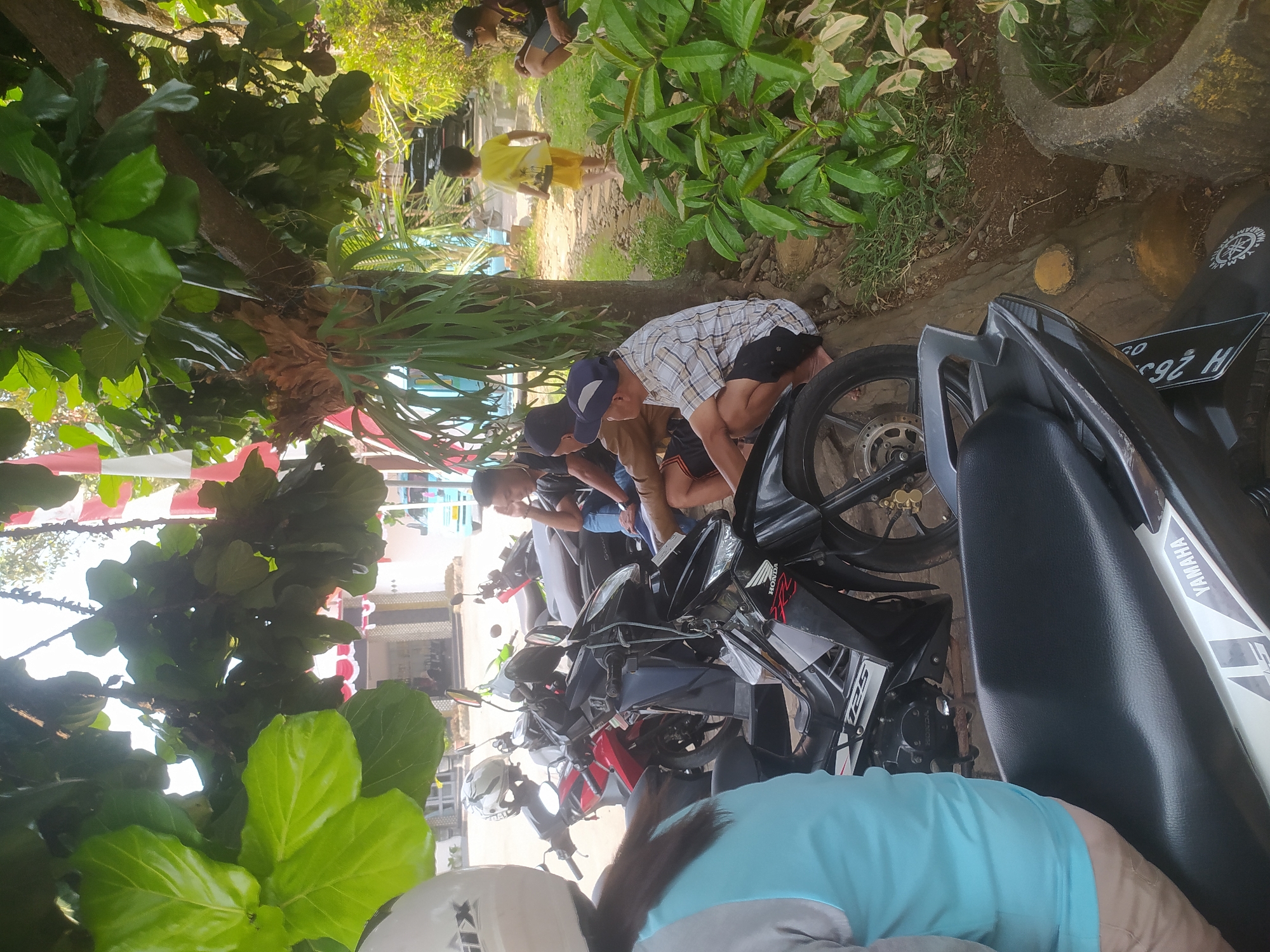 In Candirejo, Indonesia, under the dappled shade of a large tree adorned with staghorn ferns, a group of men are gathered near several parked motorcycles. The scene appears to be a casual outdoor waiting area or social gathering. The foreground is dominated by the seat and rear of a black Yamaha motorcycle, with a partial view of a person wearing a light blue shirt and beige shorts on the left. Behind this, a black Honda motorcycle is prominently displayed, its front wheel and fender visible, along with part of the engine.
Further back, three men are seated or crouched near the motorcycles. One man in a plaid shirt and blue cap is looking towards the right. Next to him, a man in a brown shirt and dark shorts is seated, with his hand on his head. Another man in a black shirt is also seated, partially obscured. A young boy in a yellow t-shirt and shorts walks away from the group towards the background. To the far right, another man is seated and looking towards the boy.
The environment suggests a residential or small commercial area, with a building with light-colored walls and dark-tiled roofs visible in the background. Red and white flags, possibly for a local celebration, hang from poles behind the tree. The ground is a mixture of dirt, gravel, and grass, with a concrete planter on the far right containing greenery. The overall atmosphere is relaxed and informal, typical of a community gathering in a tropical setting.