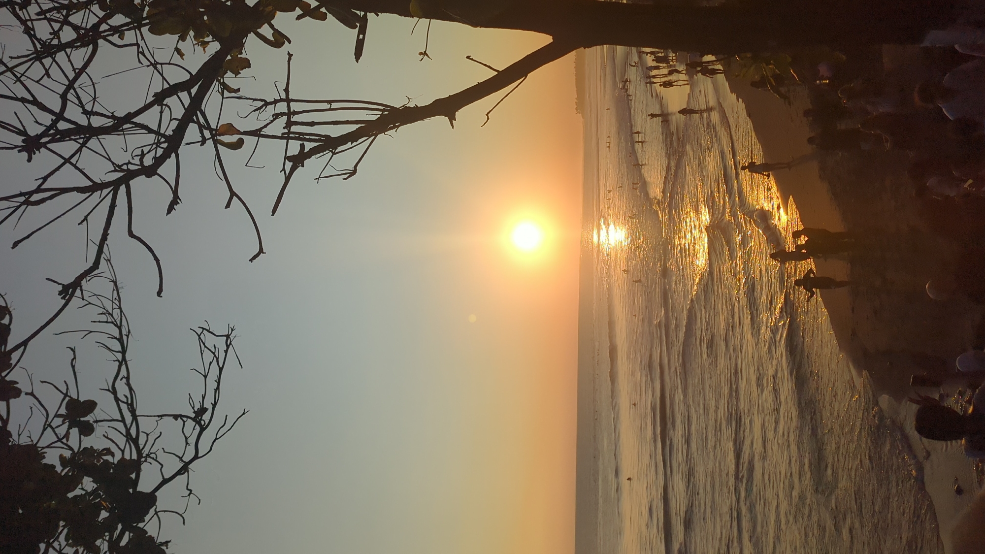 This image depicts a beach scene at sunset in North Kuta, Indonesia. The sun is prominently positioned in the center of the frame, casting a golden light across the sky and reflecting brightly on the ocean waves. The beach is populated with people, some of whom appear to be walking along the shoreline, while others are in the water. Silhouetted tree branches frame the top and left side of the image, adding a natural foreground element. The overall scene evokes a sense of tranquility and warmth.