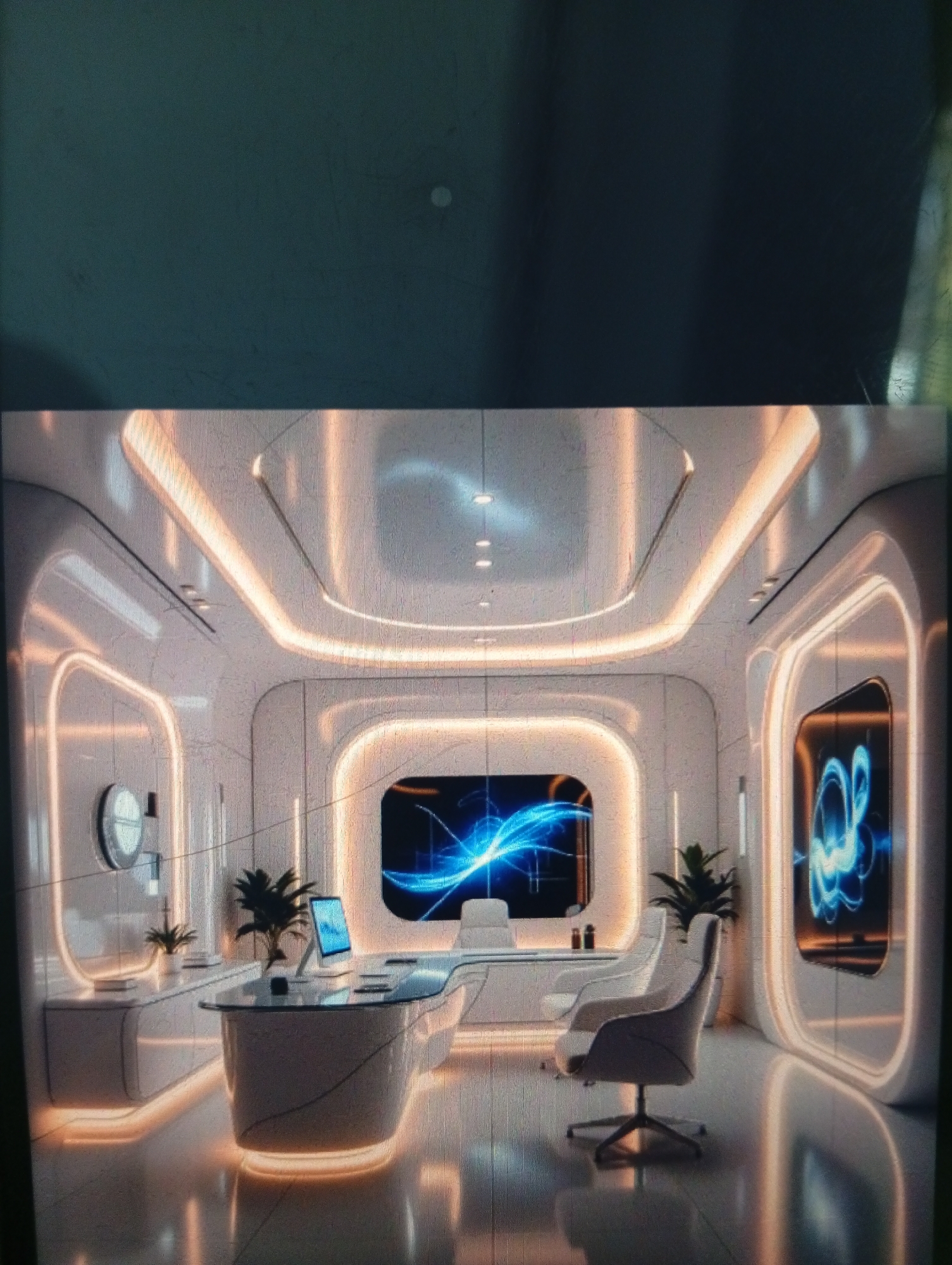 The image shows a futuristic office interior. The room is white with rounded walls and lit by embedded orange/yellow neon lights. There are two large screens displaying abstract blue light patterns. The room contains a white desk, two white chairs, two small potted plants, and a clock on the wall. The glossy floor reflects the light, creating a sense of spaciousness. It is NOT possible to verify the location in the city of Dutsen Alhaji, Nigeria.