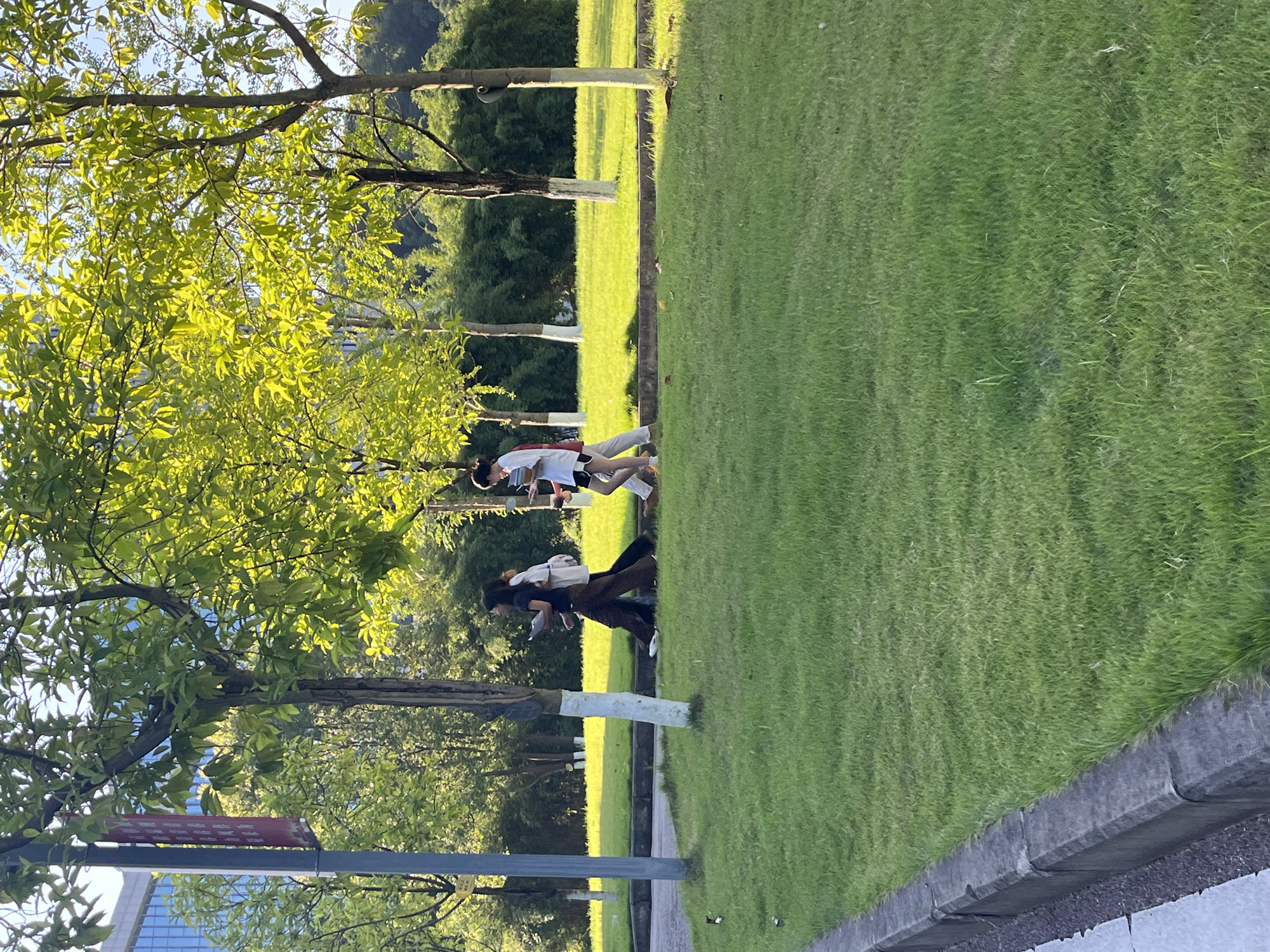 Three individuals walk across a well-maintained lawn adjacent to a paved pathway in Jiangjin, China. The individuals are walking from left to right in the frame. The first person on the left is wearing a dark shirt and dark pants and is carrying a book. The second person is wearing a white top and light-colored pants, also carrying a book. The third person, on the far right, is wearing a white shirt and shorts, and is also carrying a book. They are walking in a sunny park-like area with trees and lush green grass. The background features more trees and a building with glass windows. The lighting suggests it is late afternoon, with sunlight filtering through the leaves of the trees.